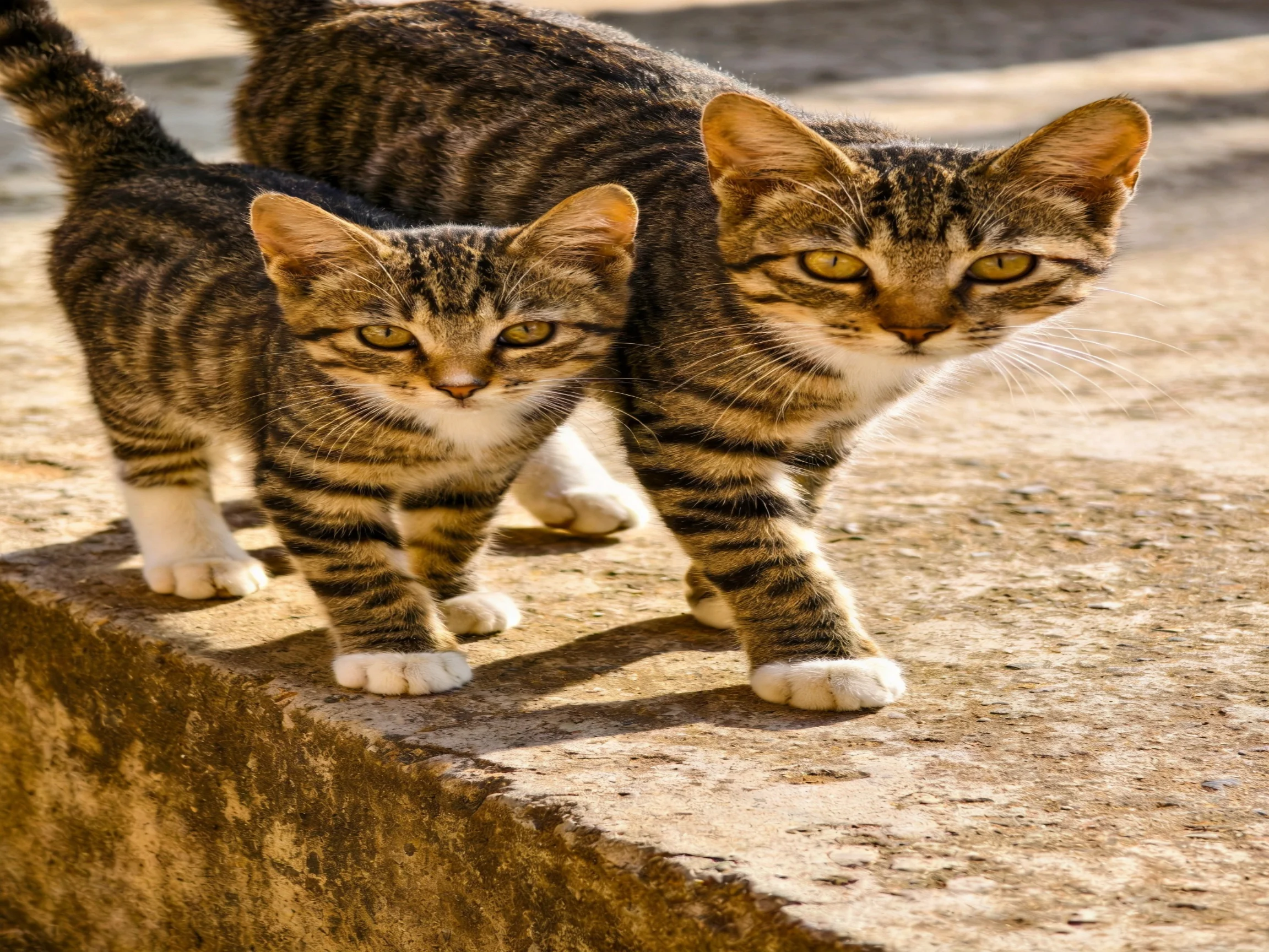 Two tabby kittens with striped coats walk on a sunlit concrete ledge