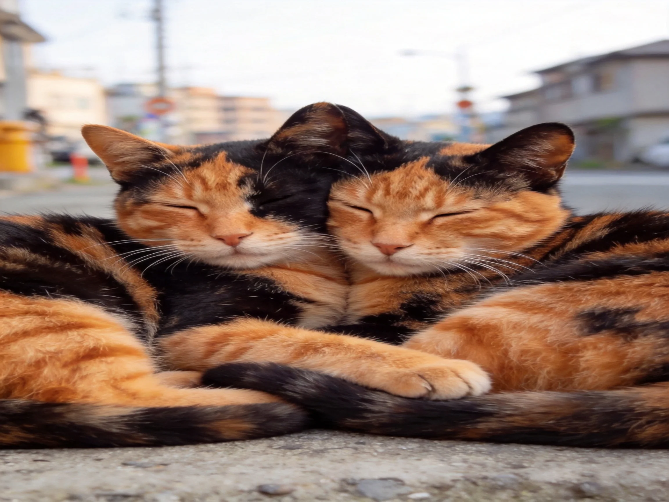 Two tortoiseshell cats cuddle closely on a concrete surface