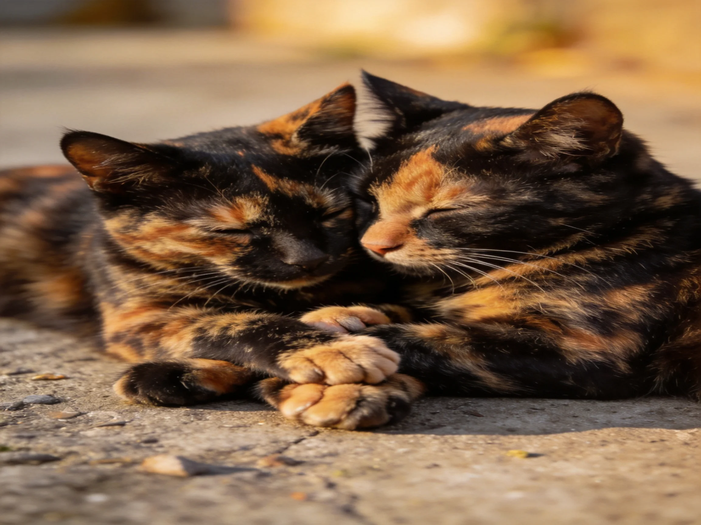 Two tortoiseshell cats cuddle closely on a sunlit concrete pavement.