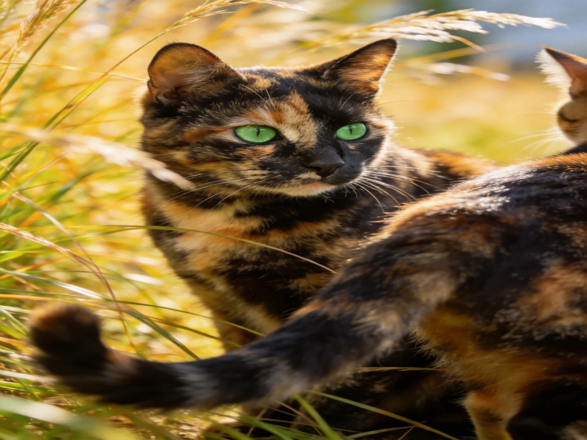 Two tortoiseshell cats sit among golden grasses under sunlight.