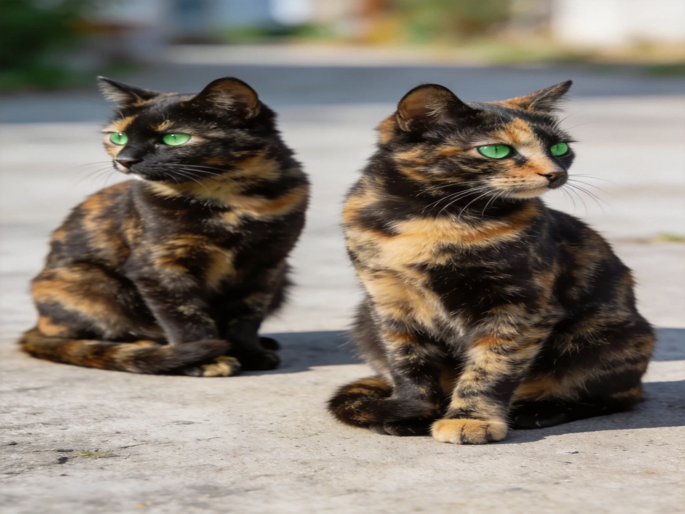 Two tortoiseshell cats sit calmly on a concrete surface.