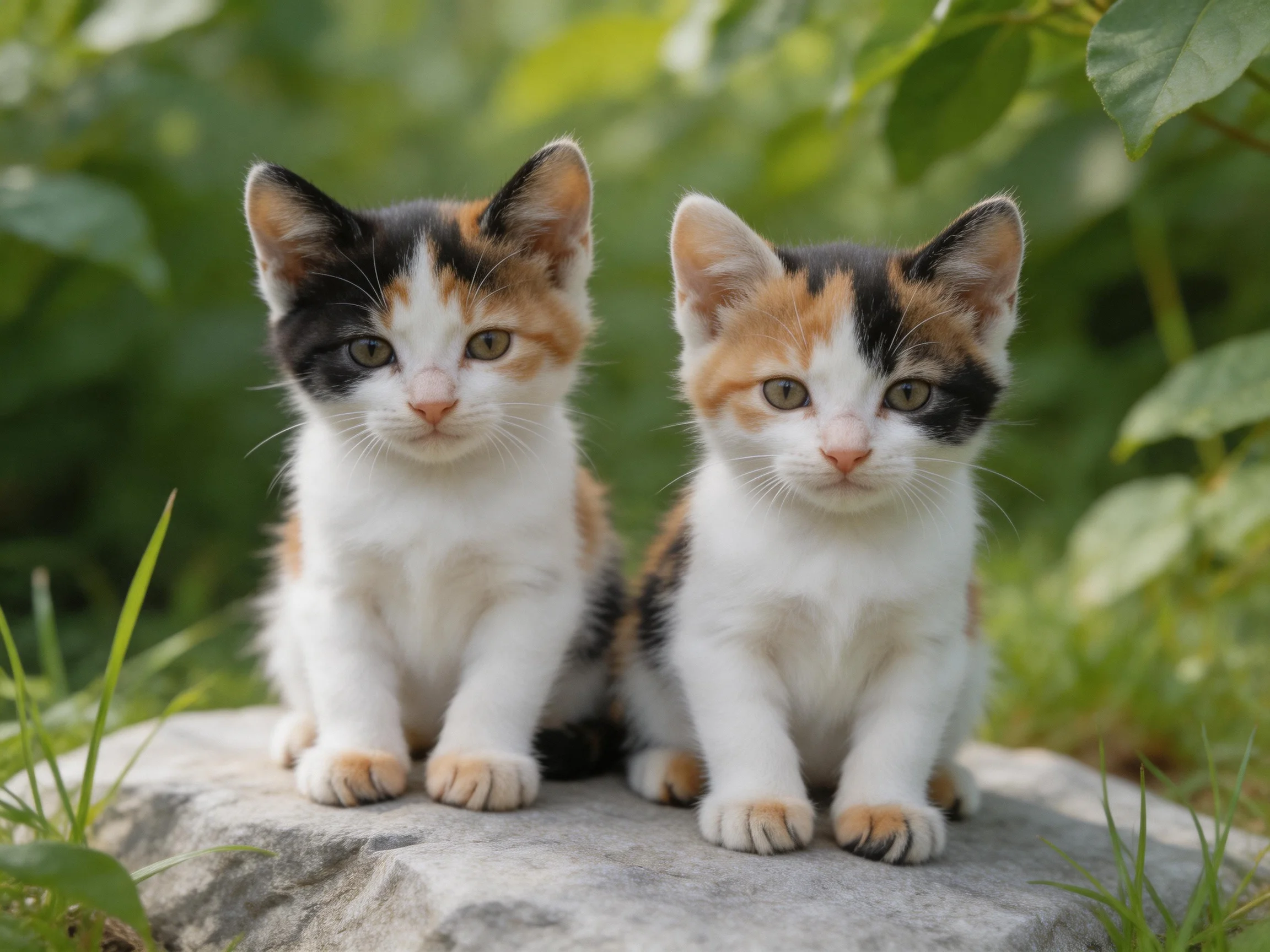 Two tricolor kittens sit side by side on a stone amid lush green foliage