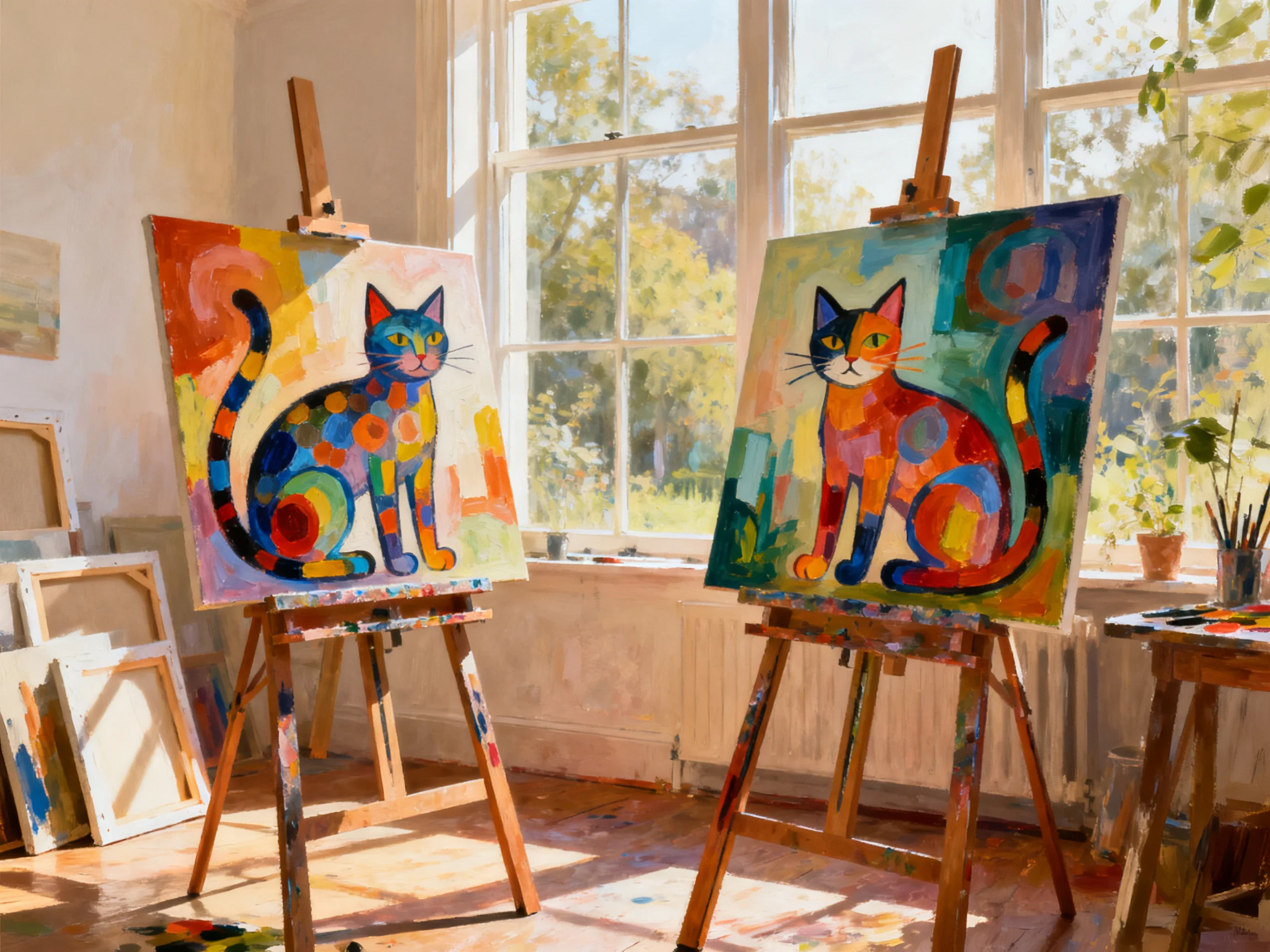 Two vibrant abstract cat paintings on easels in a sunlit art studio