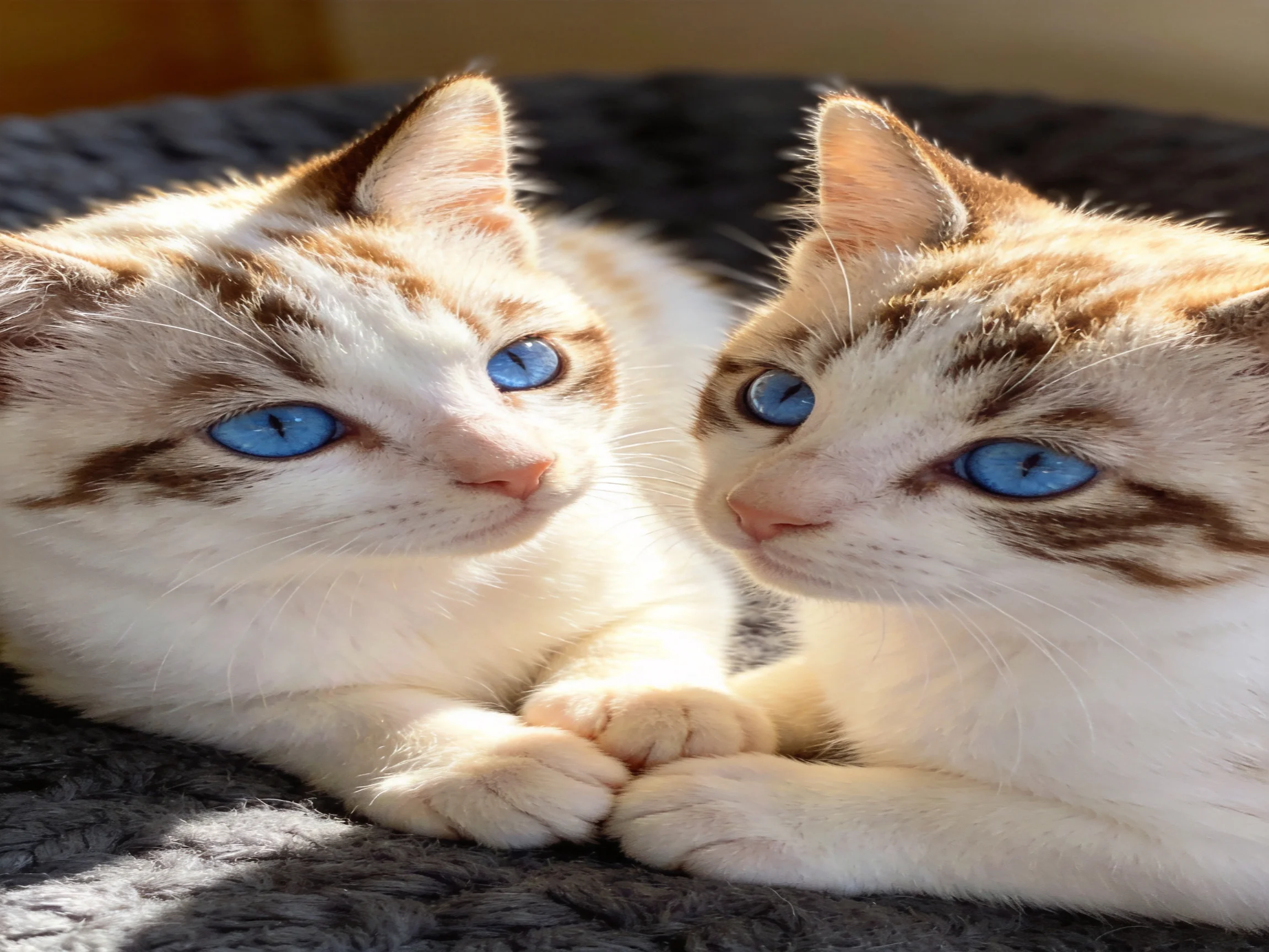 Two white and brown kittens with bright blue eyes resting together
