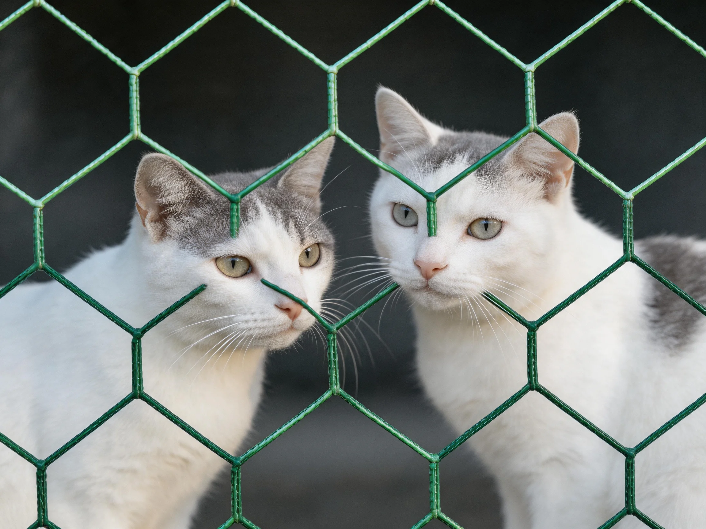 Two white and gray cats peer through a green hexagonal fence.
