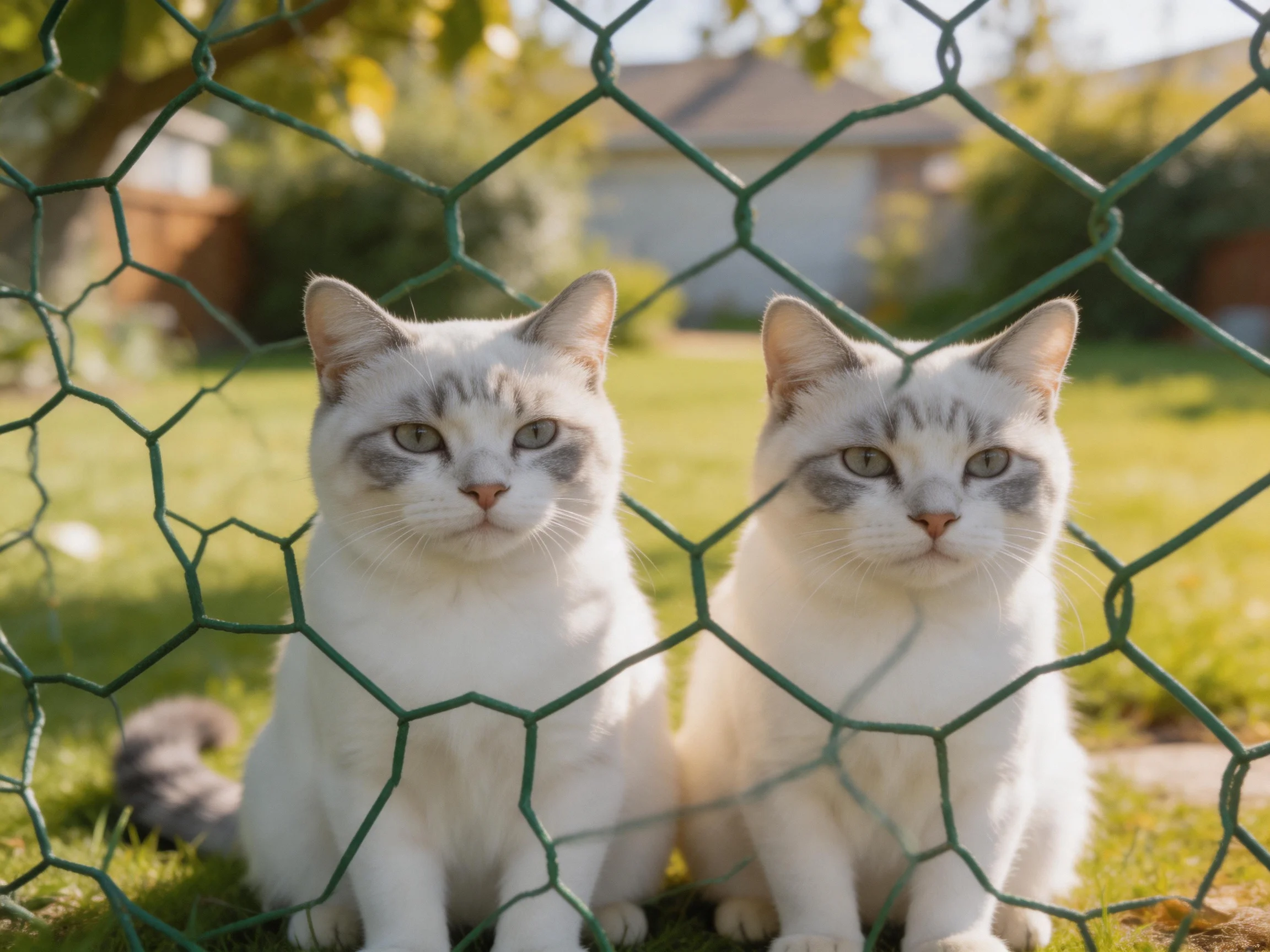 Two white and gray cats sitting near a green wire fence outdoors