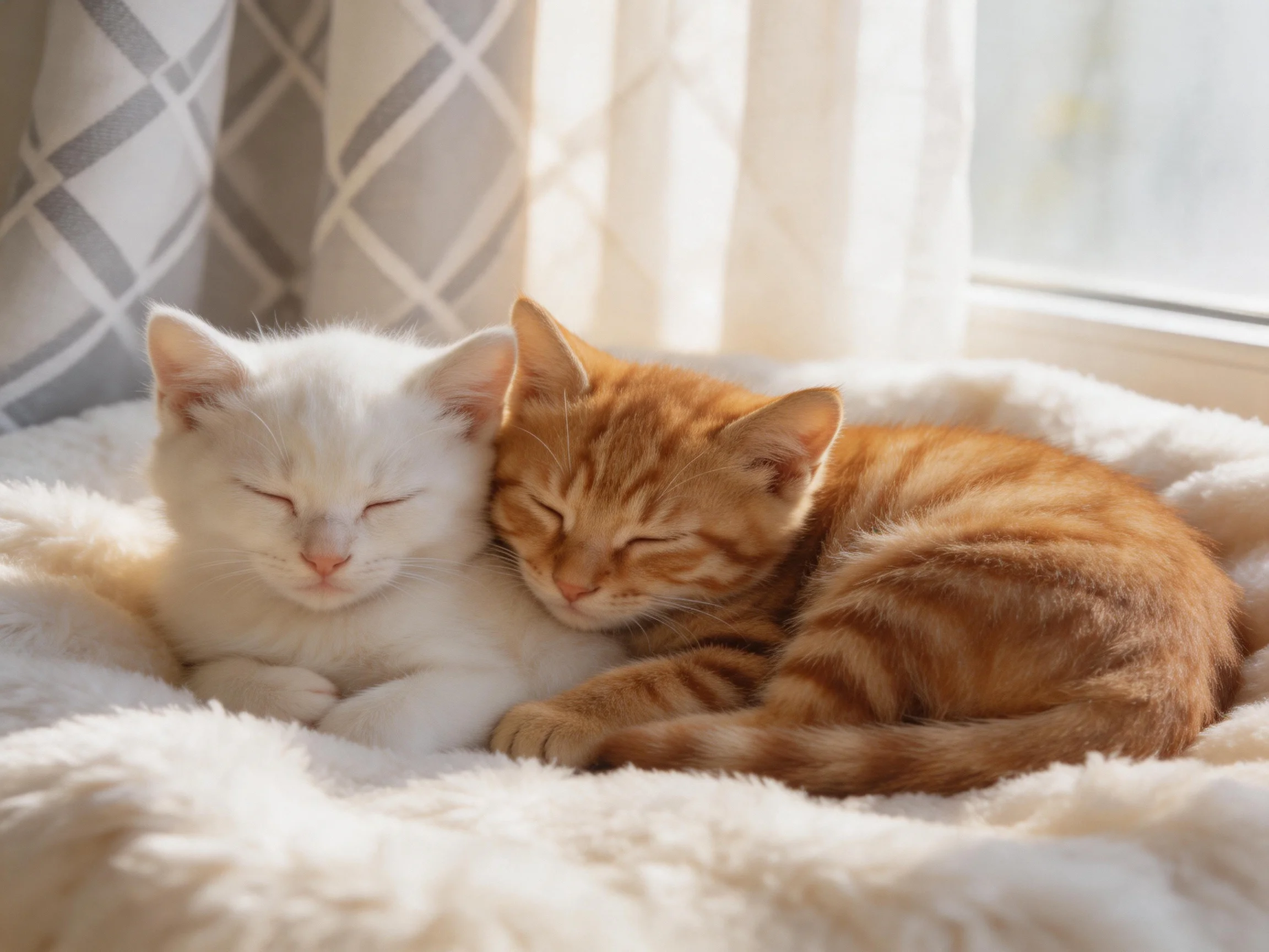 Two white and orange kittens cuddle on a soft blanket by a sunlit window