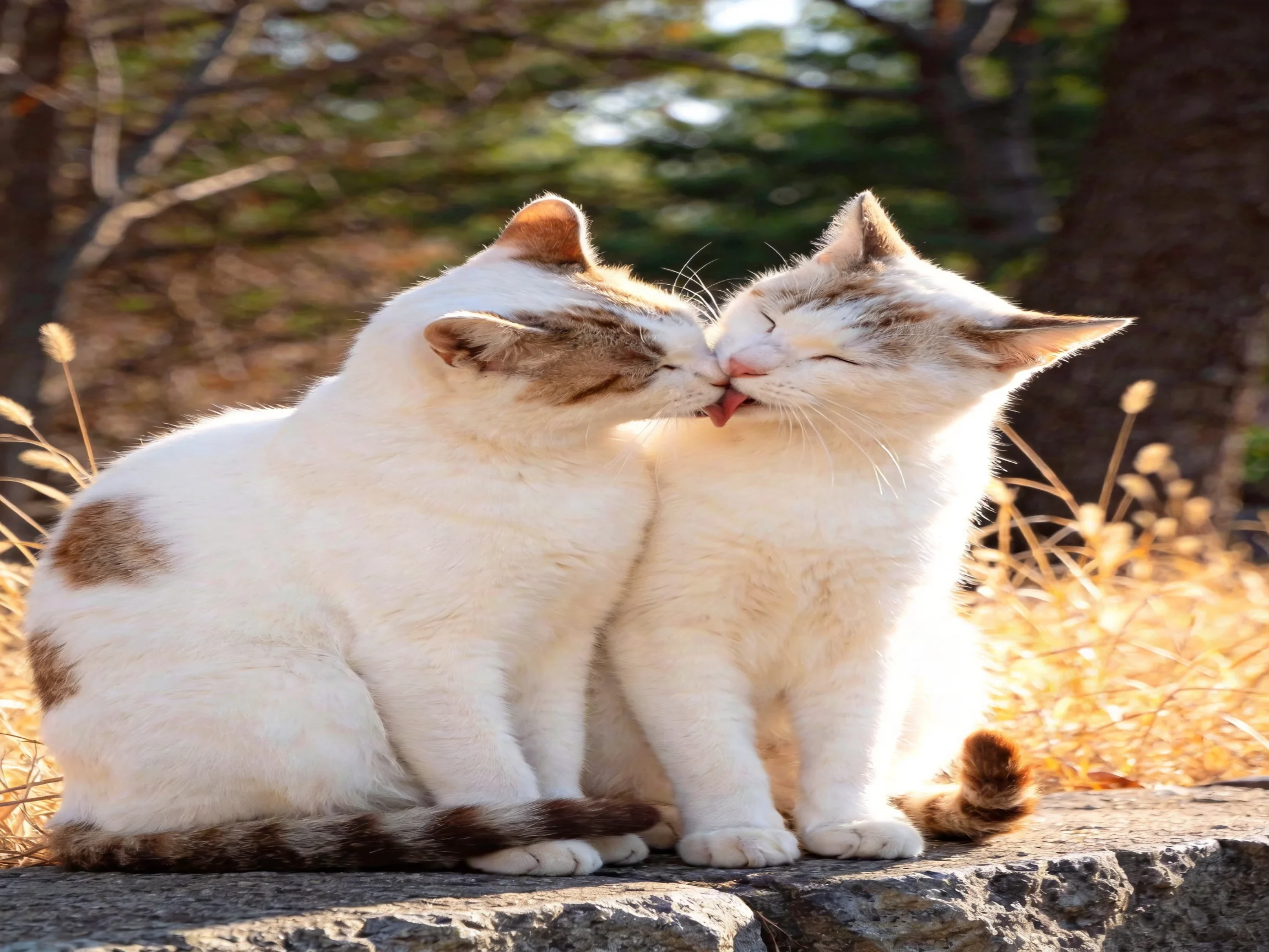 Two white and tan cats nuzzling on a stone ledge outdoors