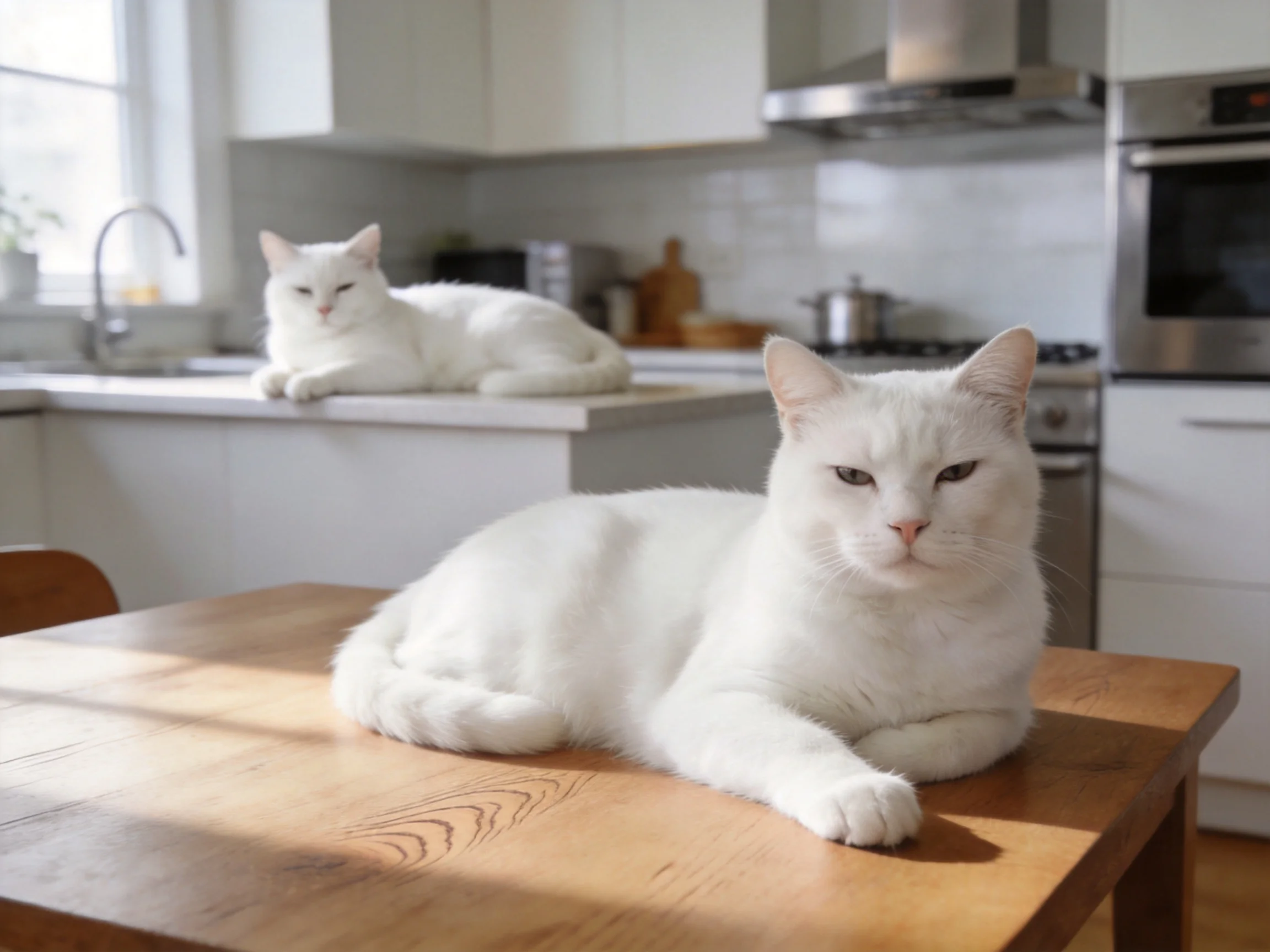 Two white cats relax in a sunlit modern kitchen.