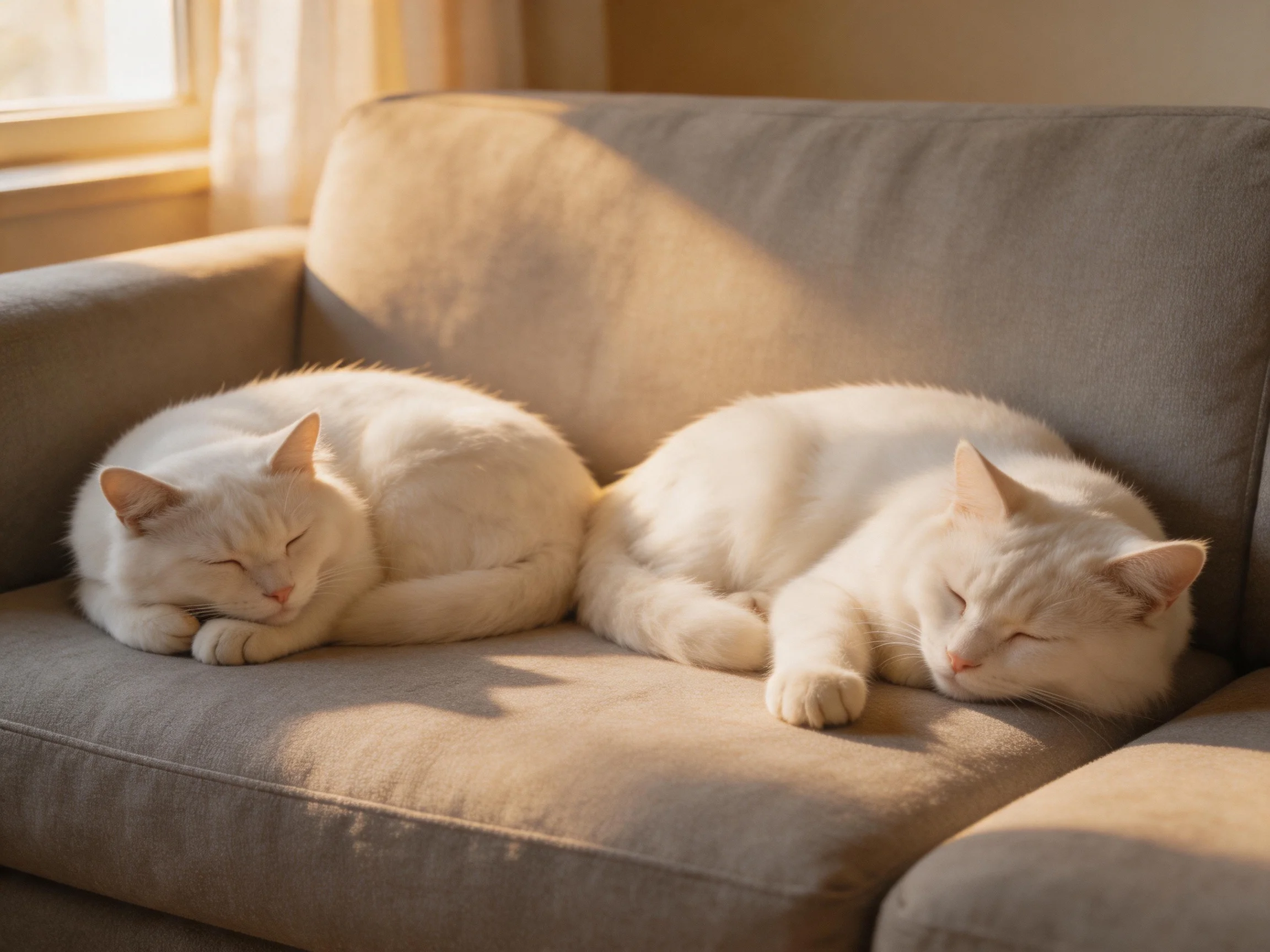 Two white cats nap on a gray sofa in sunlight.