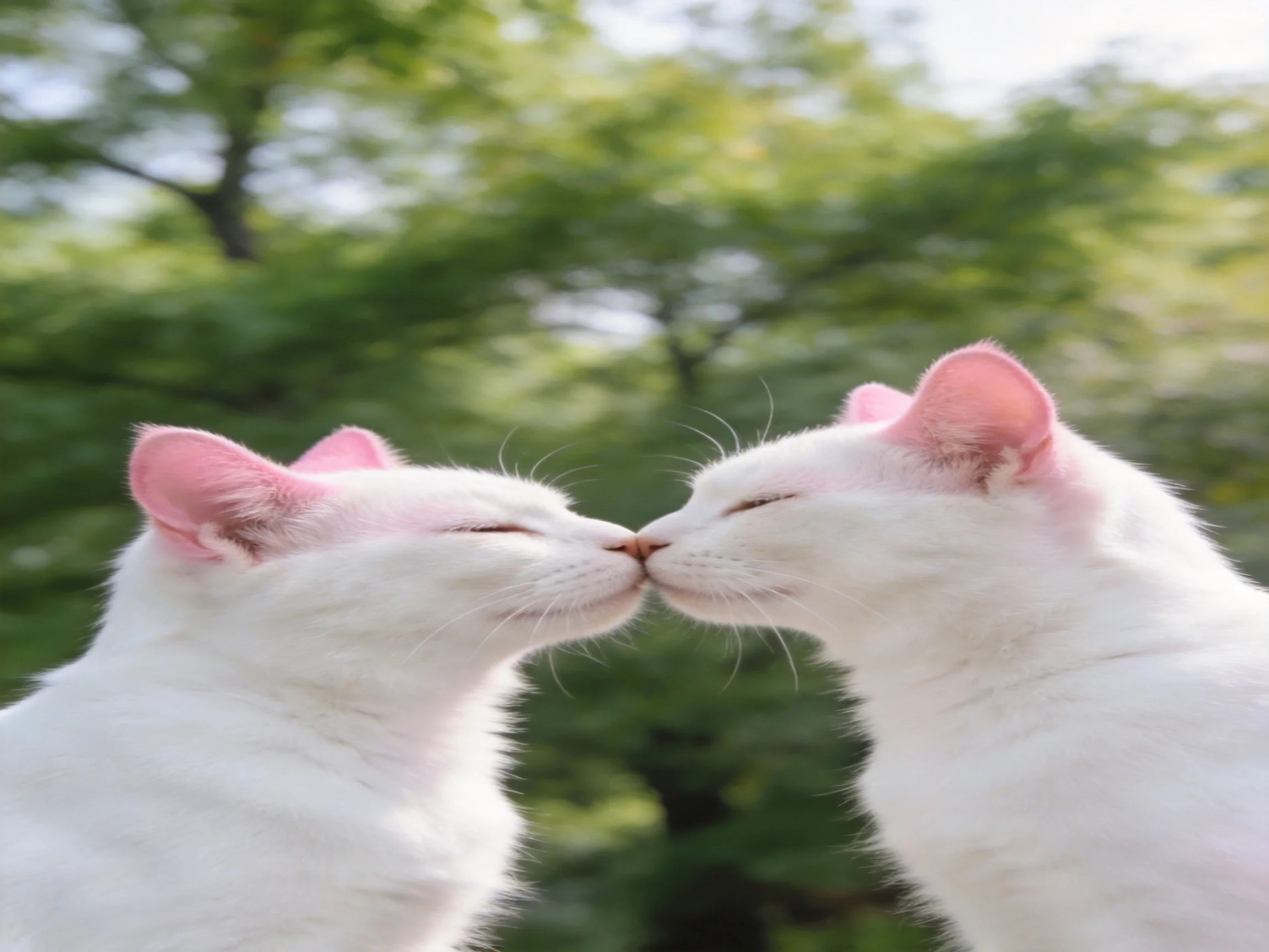 Two white cats with pink ears nuzzling in a sunlit, leafy outdoor setting