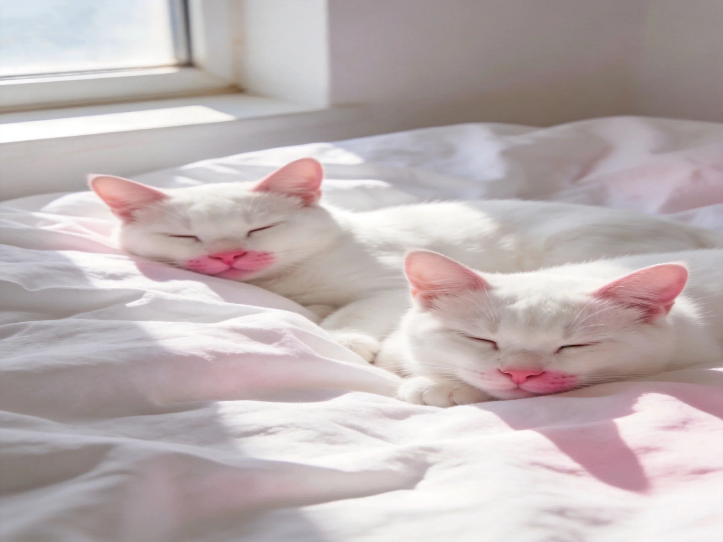 Two white cats rest peacefully on a sunlit bed near a window.