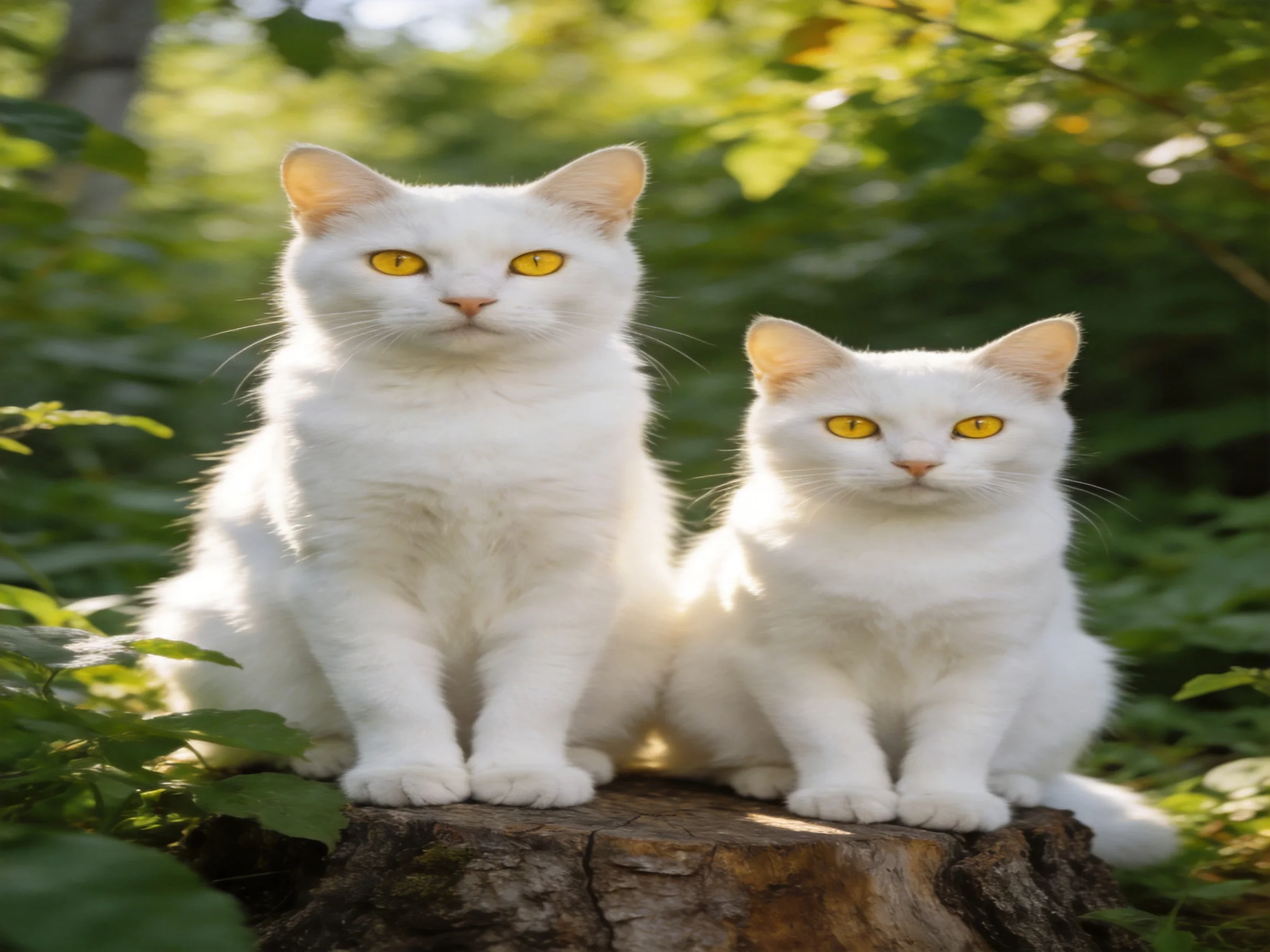 Two white cats with yellow eyes sit on a tree stump in asunlit, leafy area.