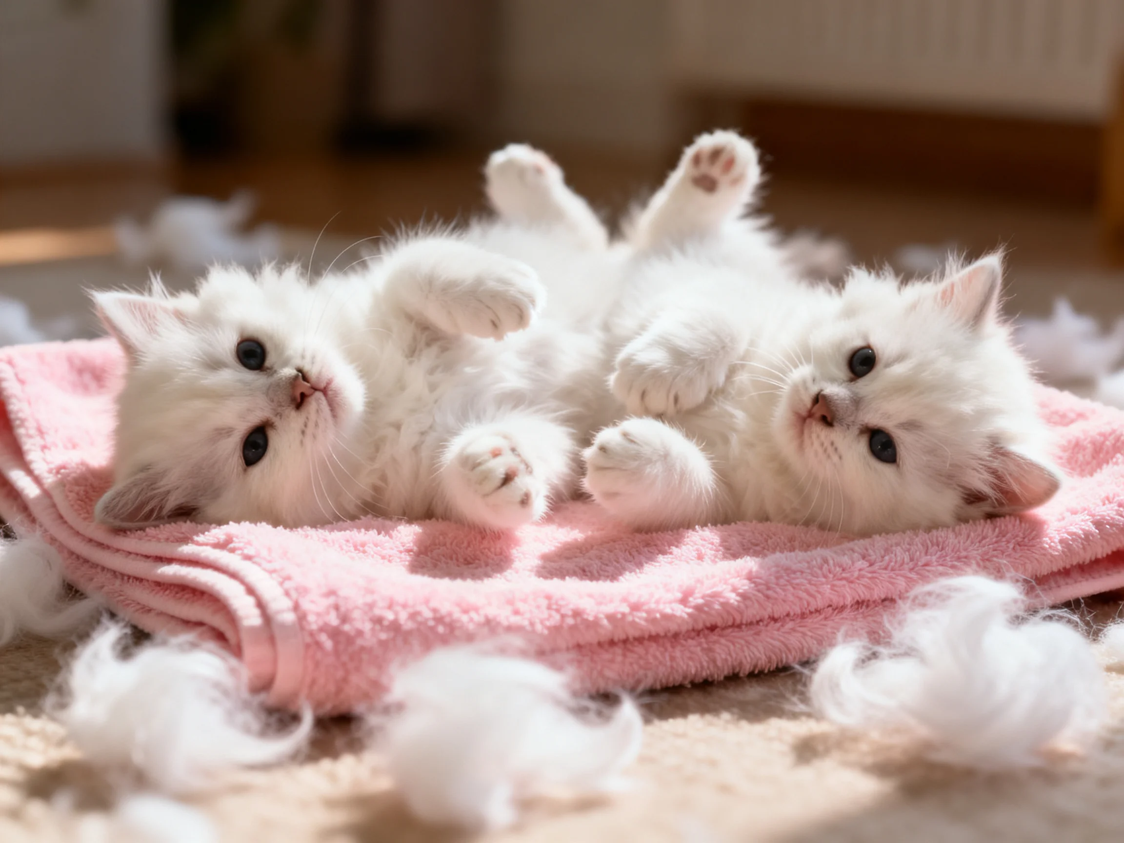 Two white kittens lounge on a pink towel with scattered fur