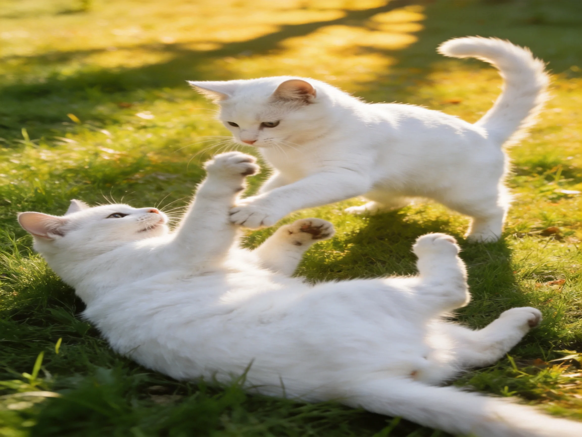 Two white kittens playfully wrestling on sunlit grass