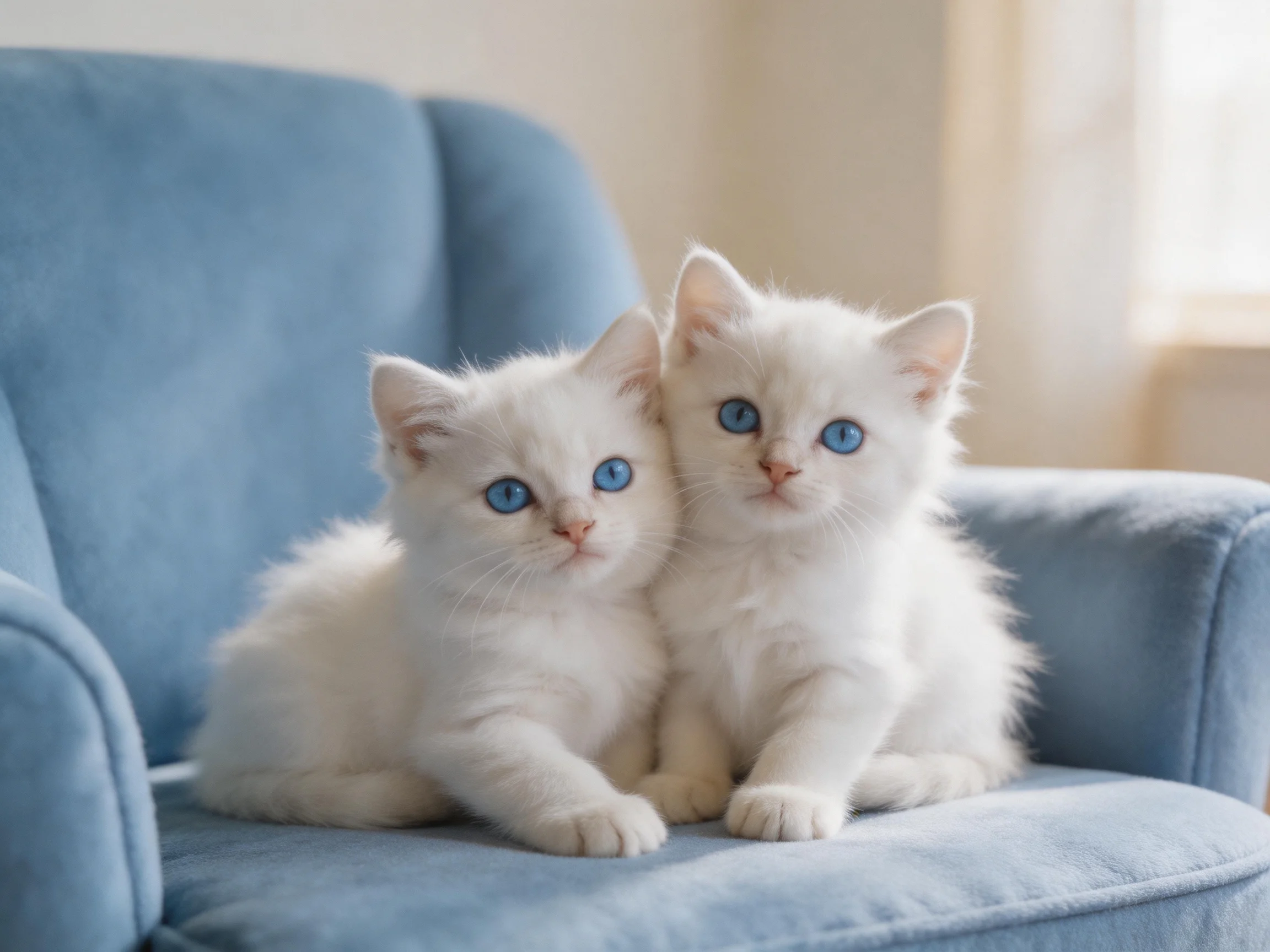 Two white kittens with blue eyes sit together on a soft blue chair