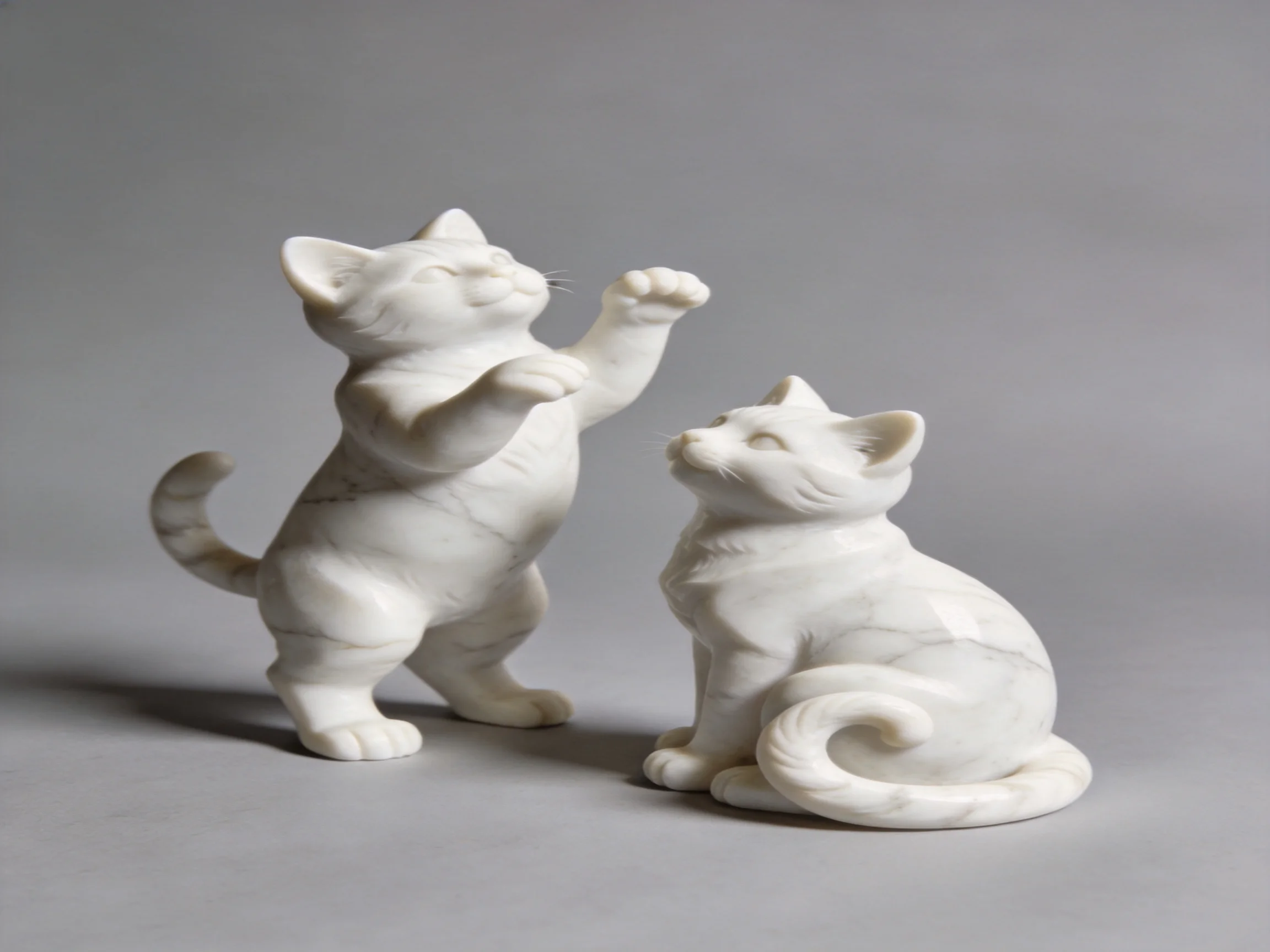 Two white marble cat figurines interacting on a plain gray surface