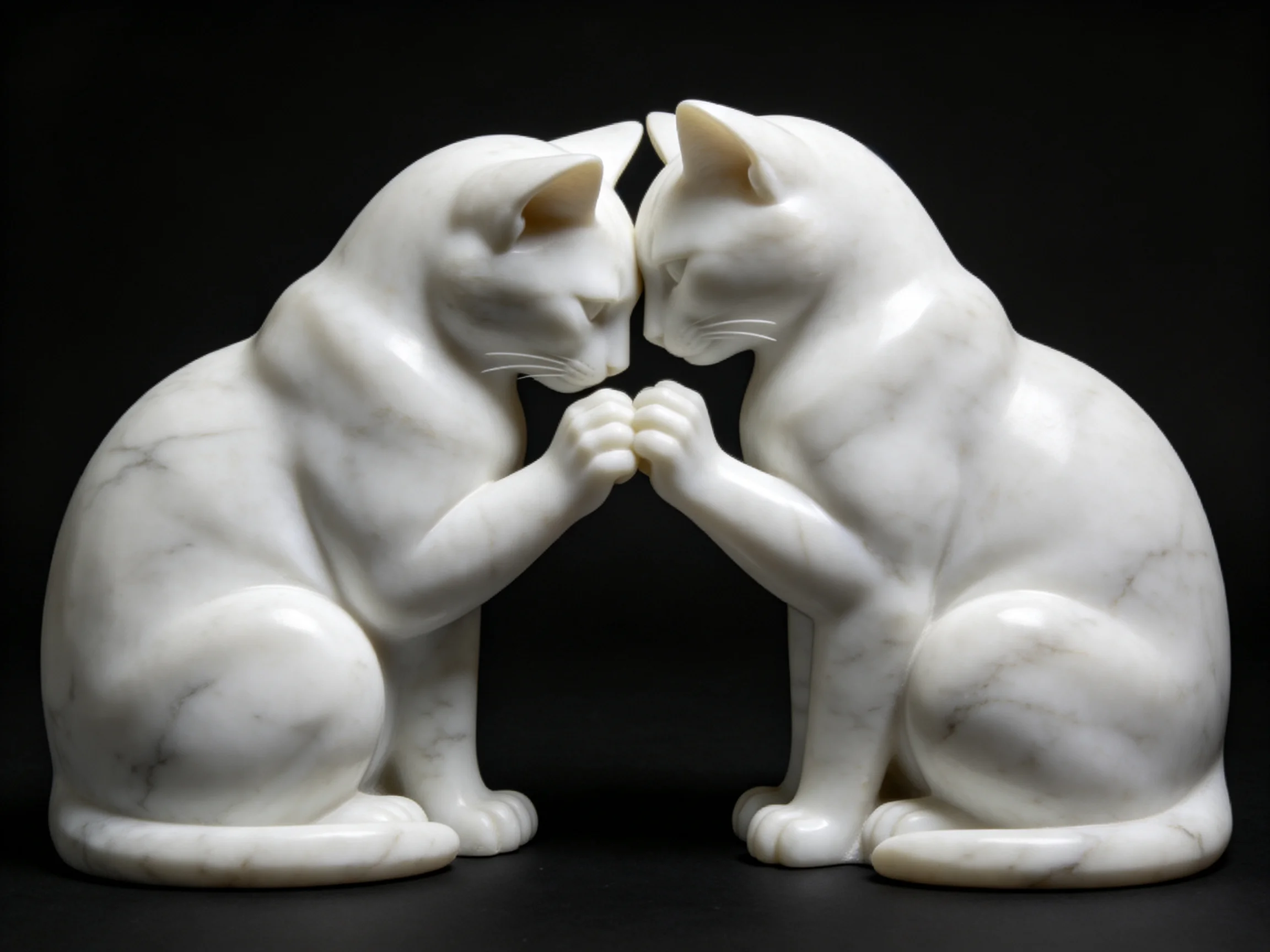 Two white marble cat sculptures face each other closely