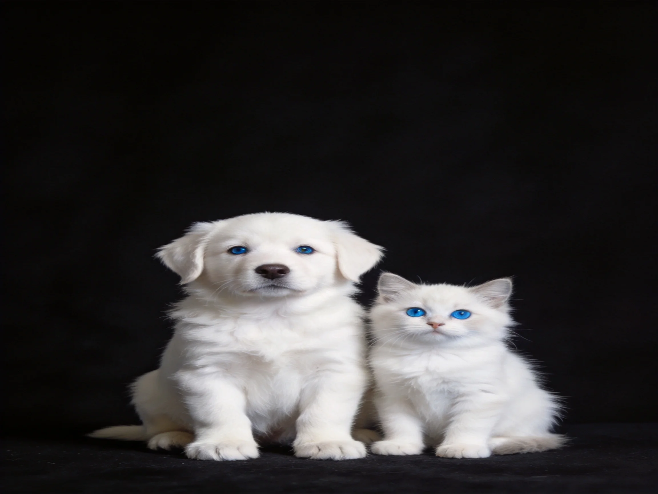 Two white pets, a puppy and kitten, with blue eyes, sit on a black surface