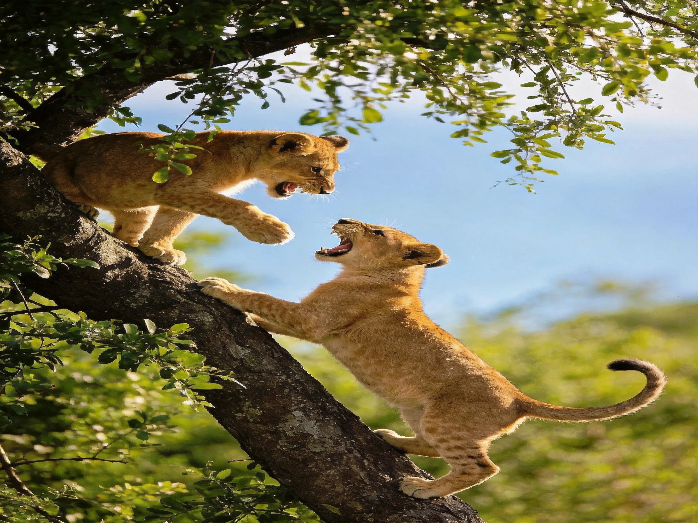 Two young lion cubs playfully engaging on a leaf-covered tree branch