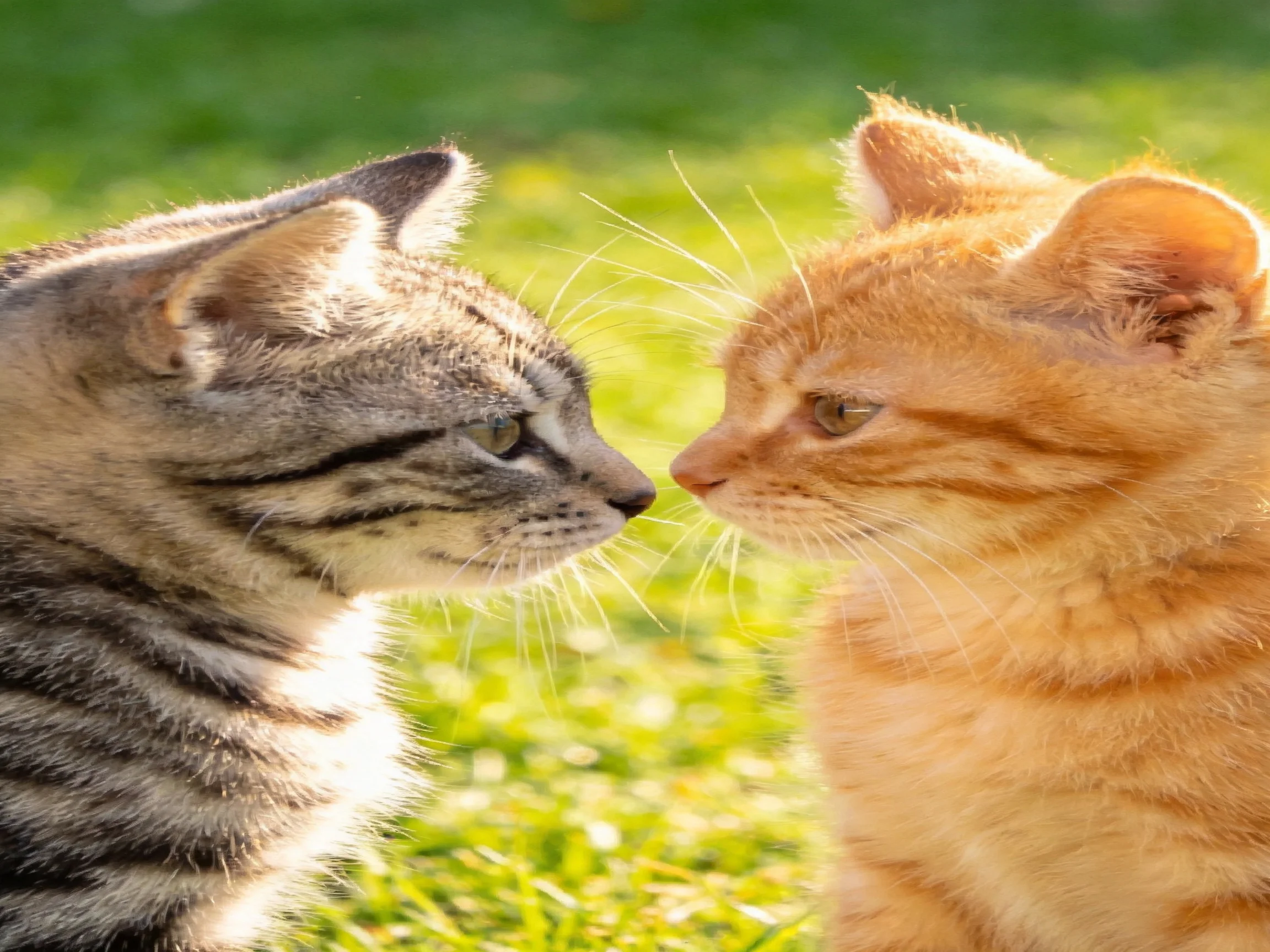 Two young tabby kittens face-to-face on sunlit green grass