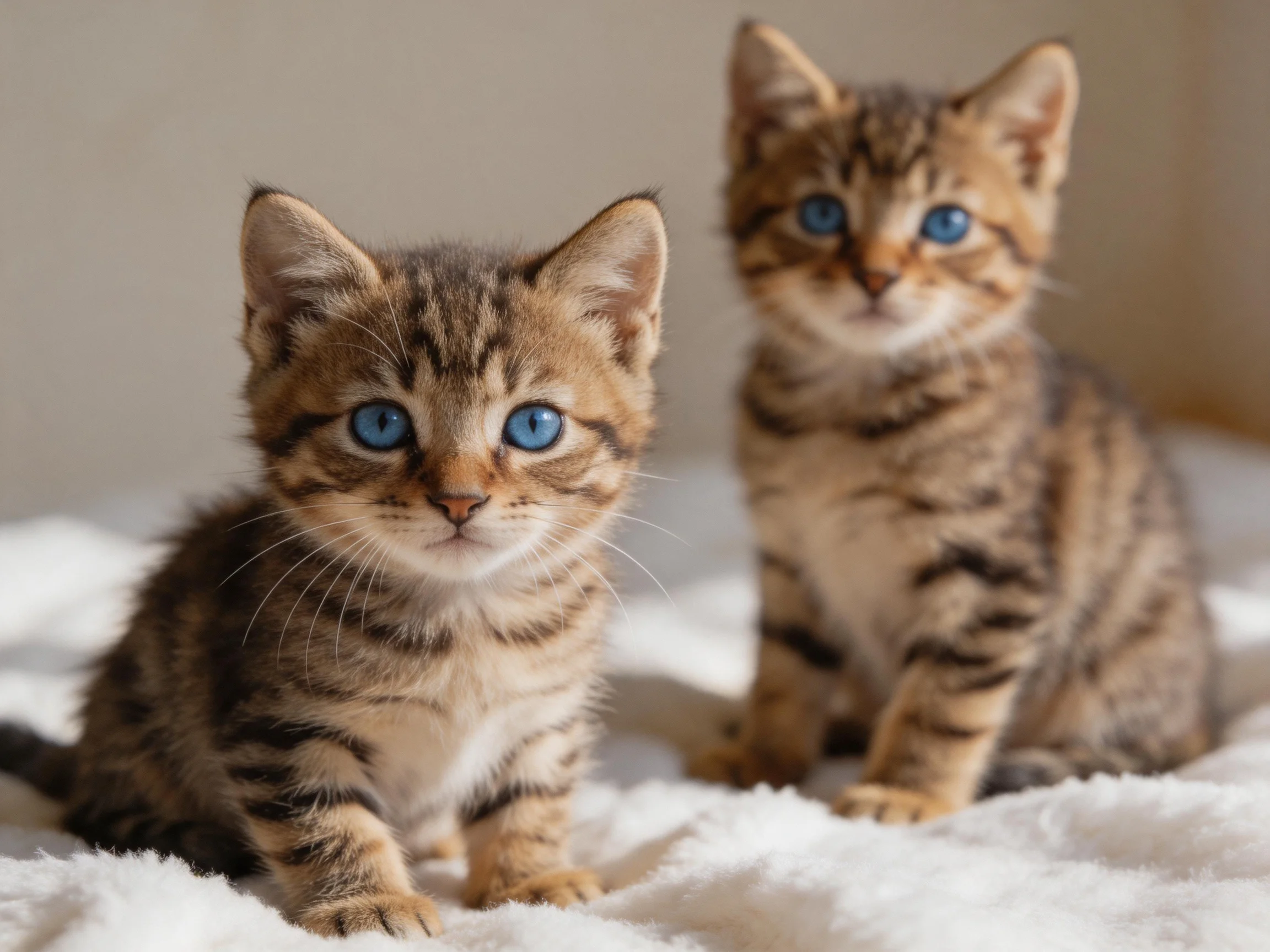 Twotabby kittens with bright blue eyes sit on a soft white blanket