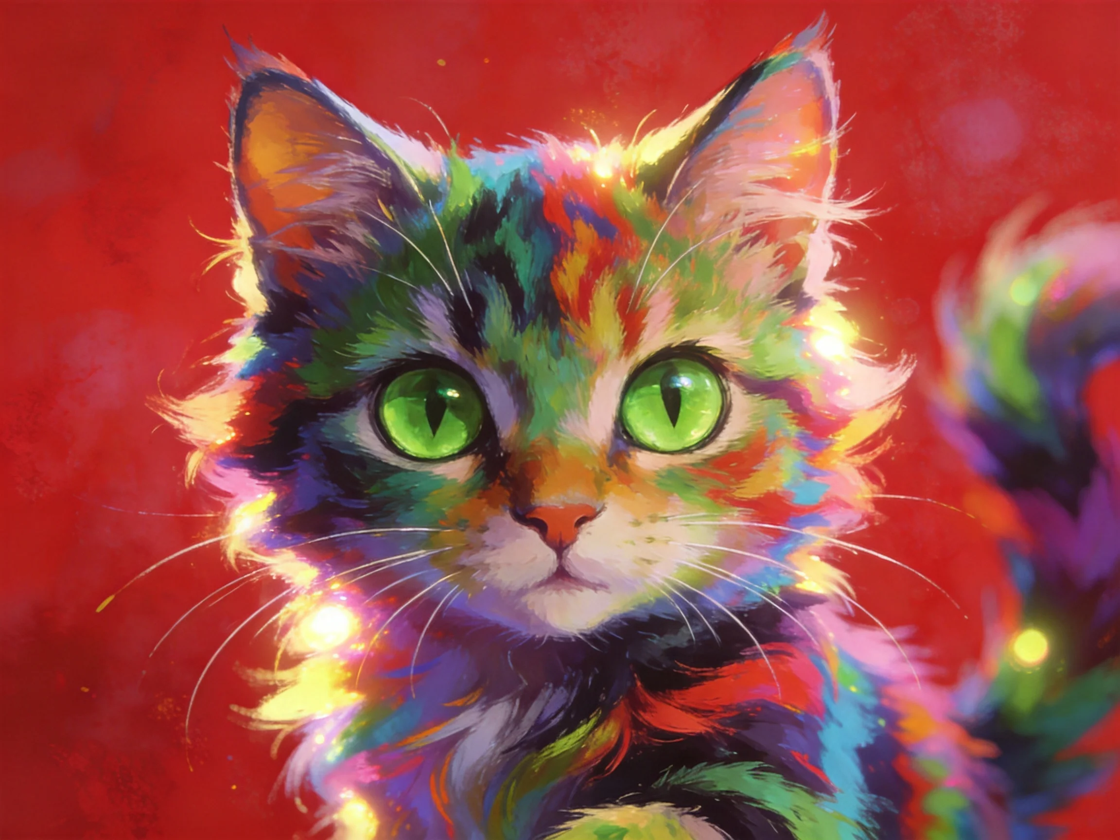 A vibrantly colored cat with bright green eyes is positioned on a red background.
