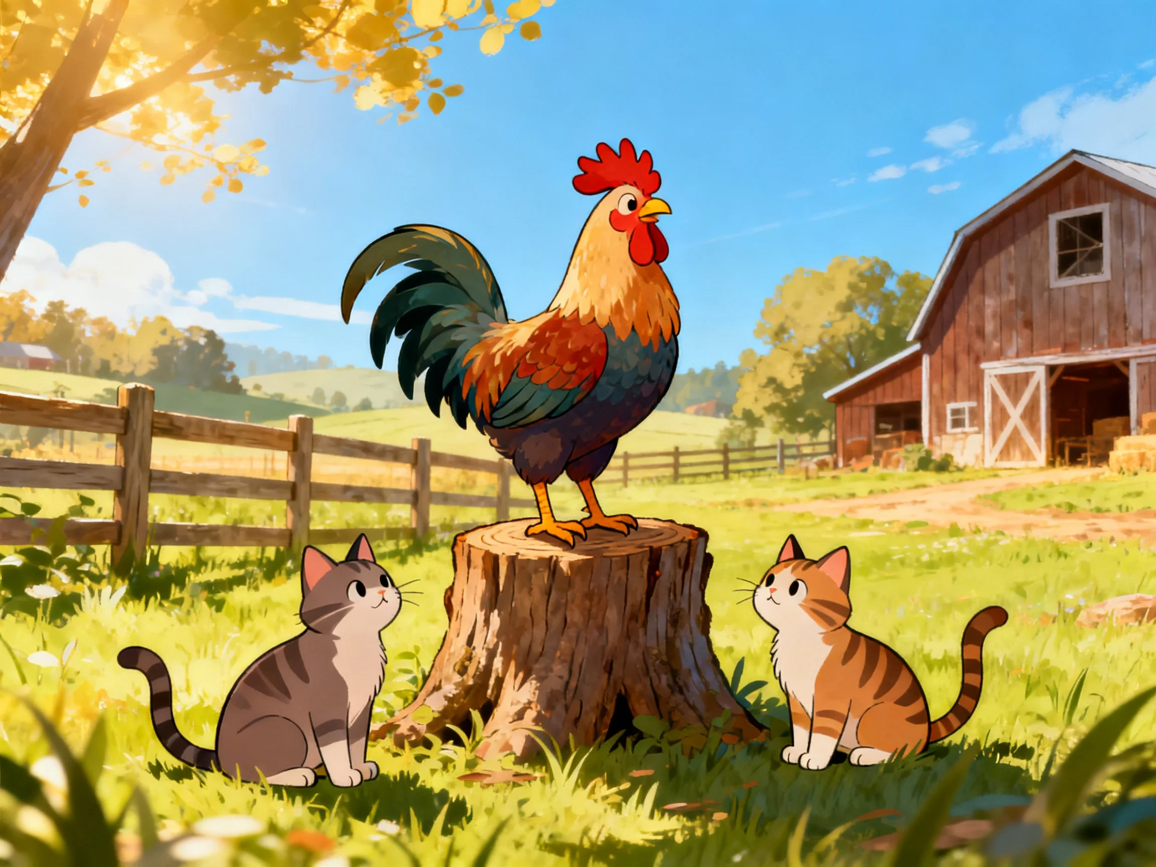 A rooster stands on a tree stump while two cats observe in a sunny farm setting.