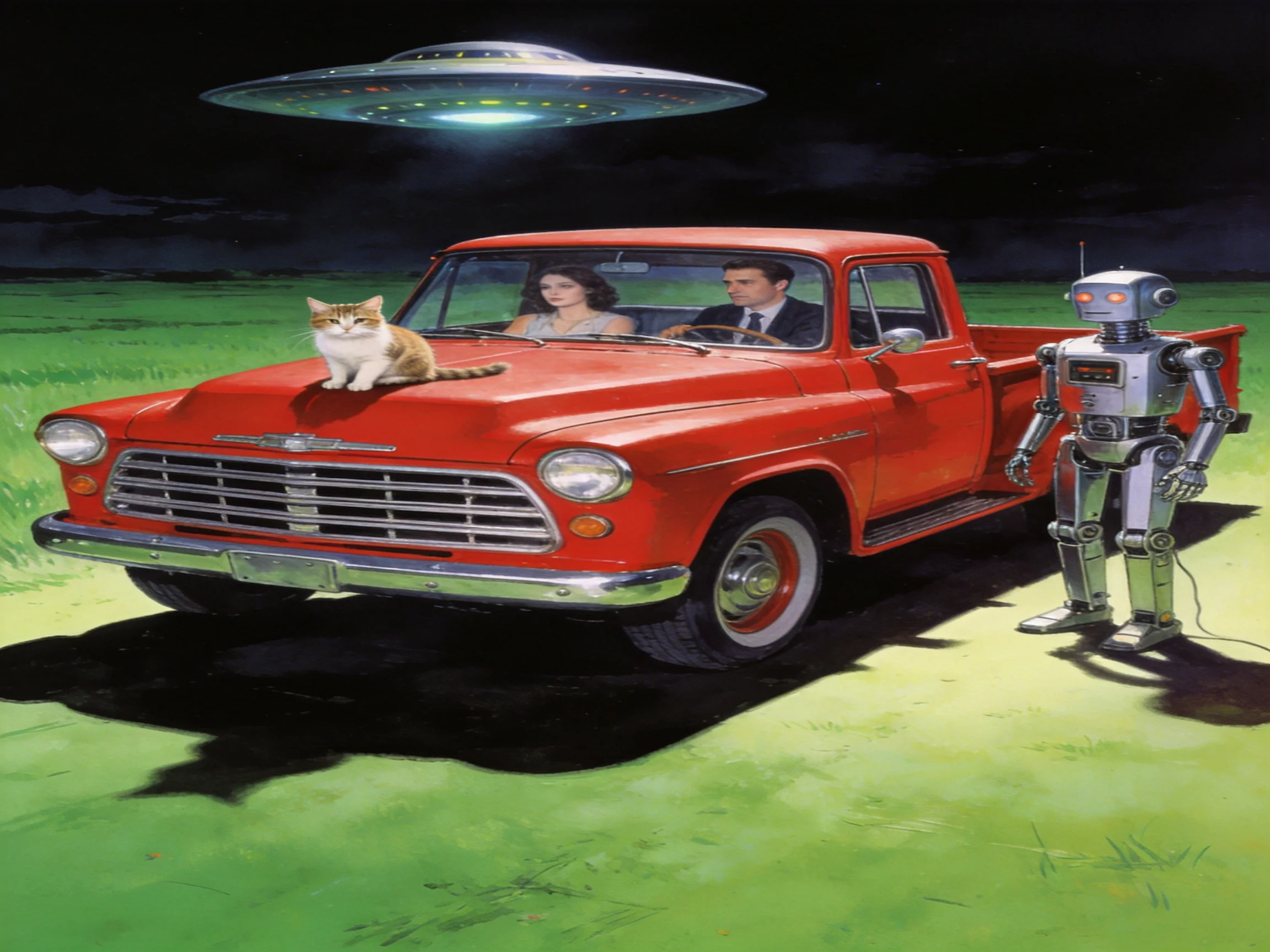 Vintage red pickup, robot, cat, and UFO hover over green field