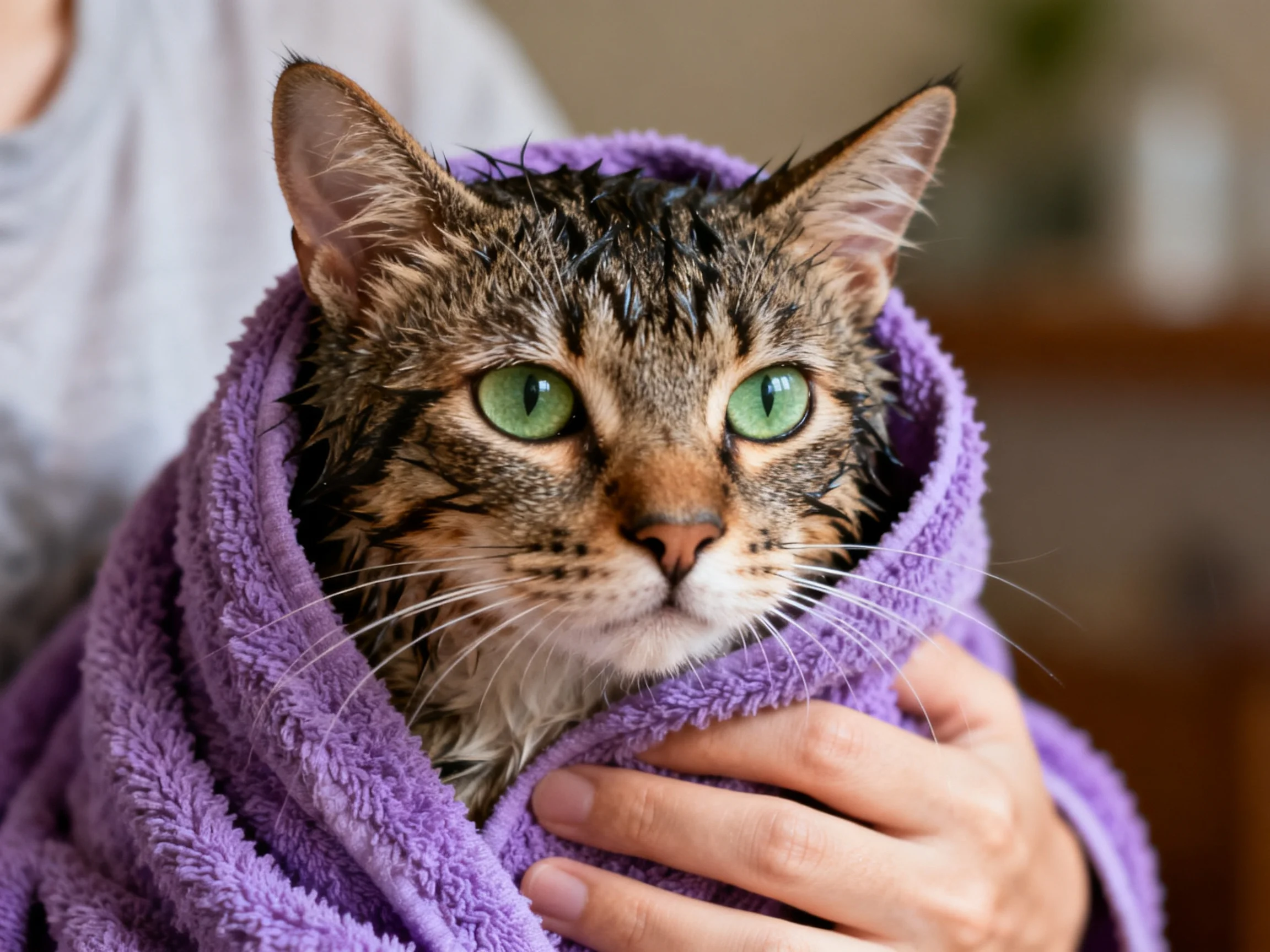 Wet tabby cat wrapped in plush purple towel after bath