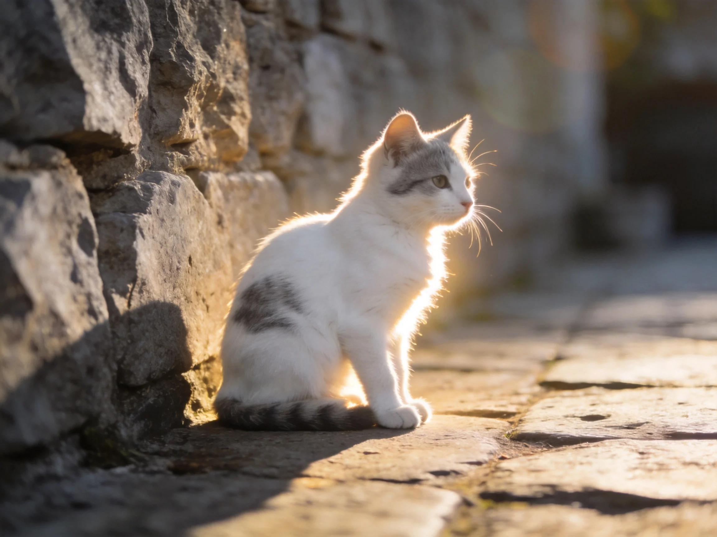 A white and gray kitten rests beside a weathered stone wall in sunlight.