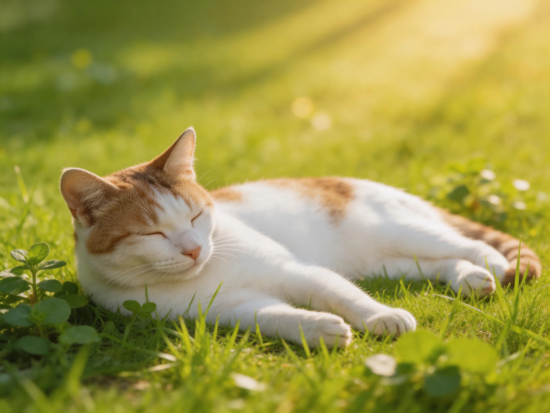 A white and orange cat lies peacefully on green grass in sunlight.