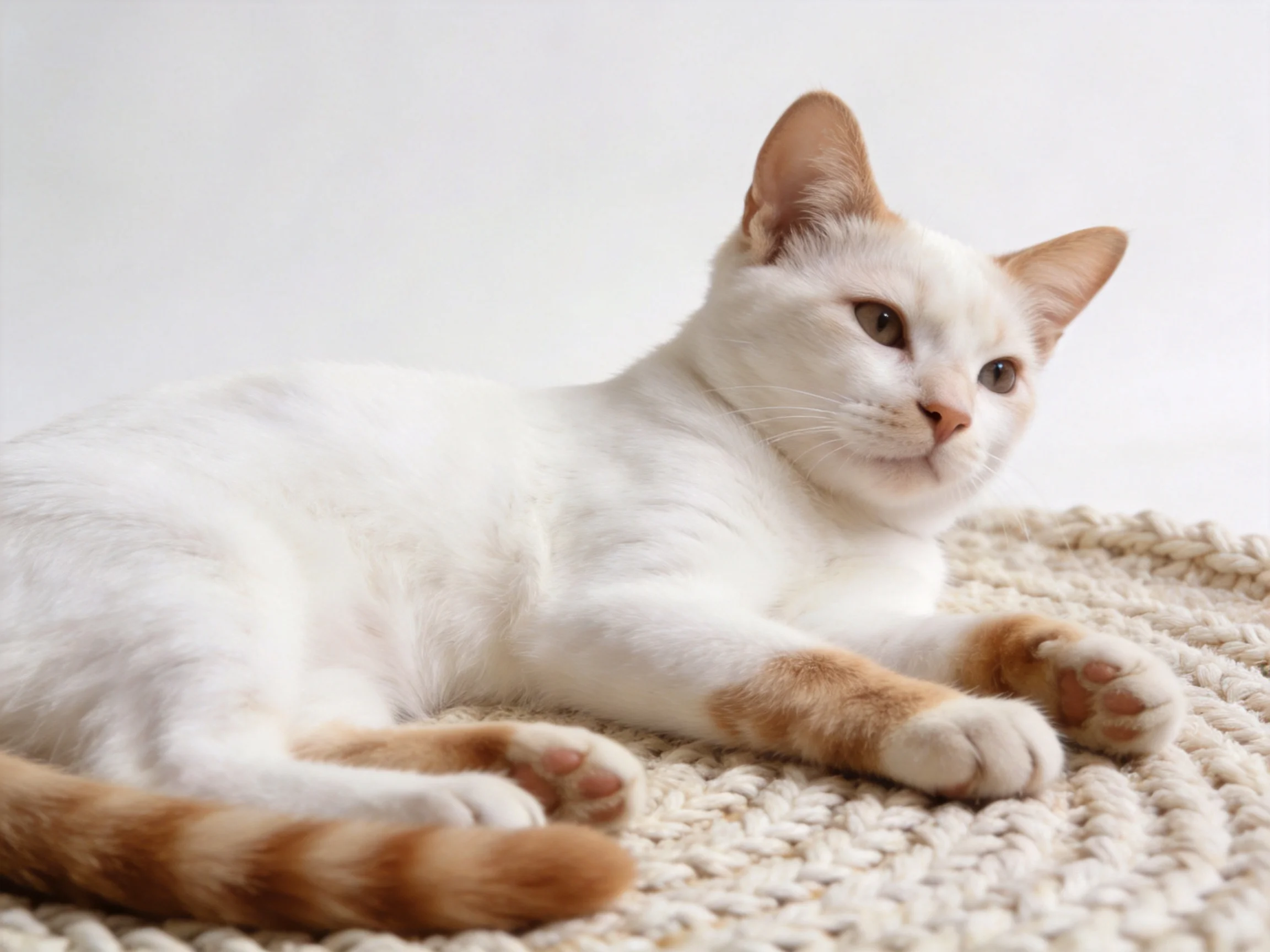 A white and orange cat relaxes on a soft knitted rug.