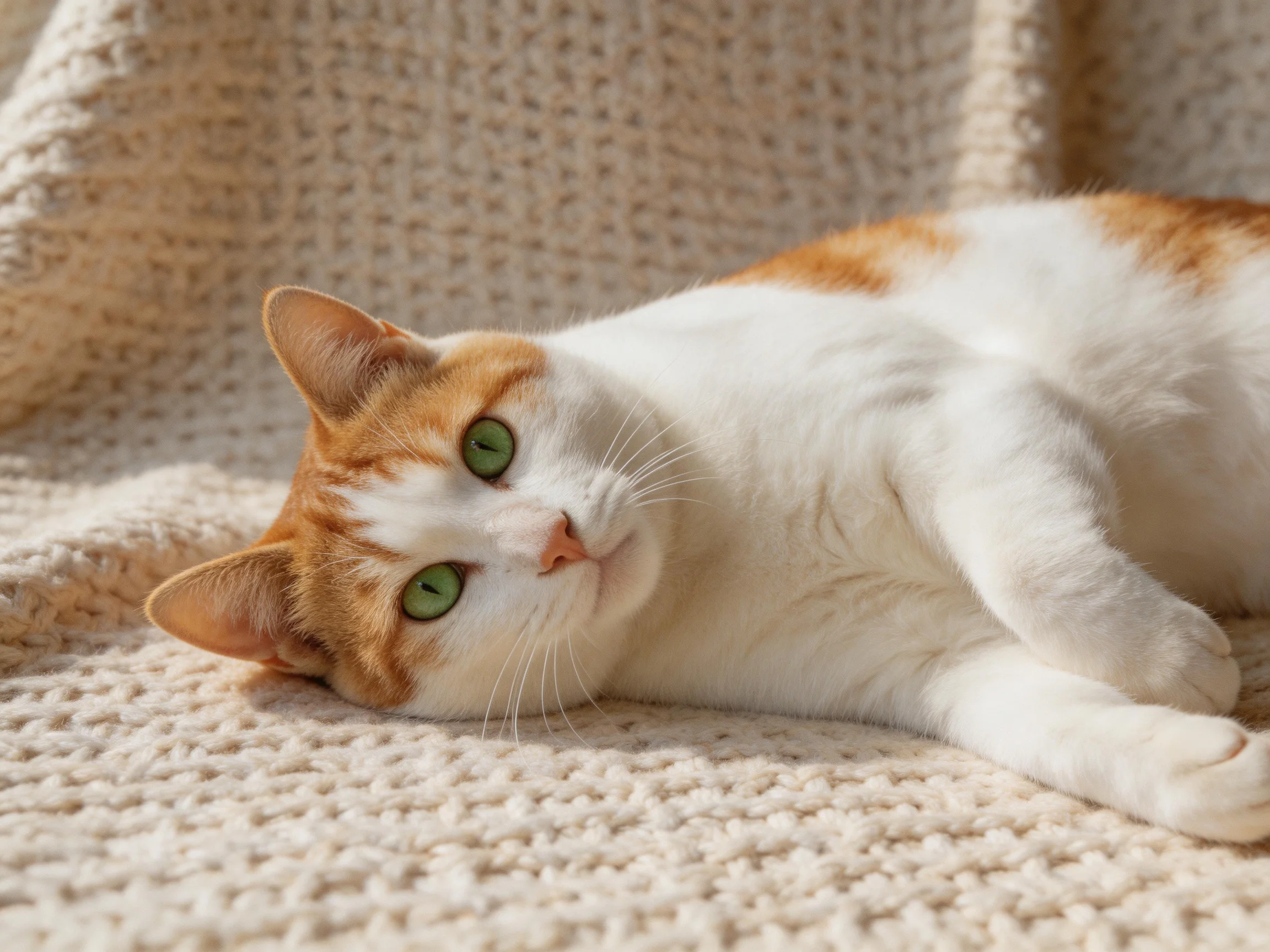 A white and orange cat rests on a textured beige blanket.