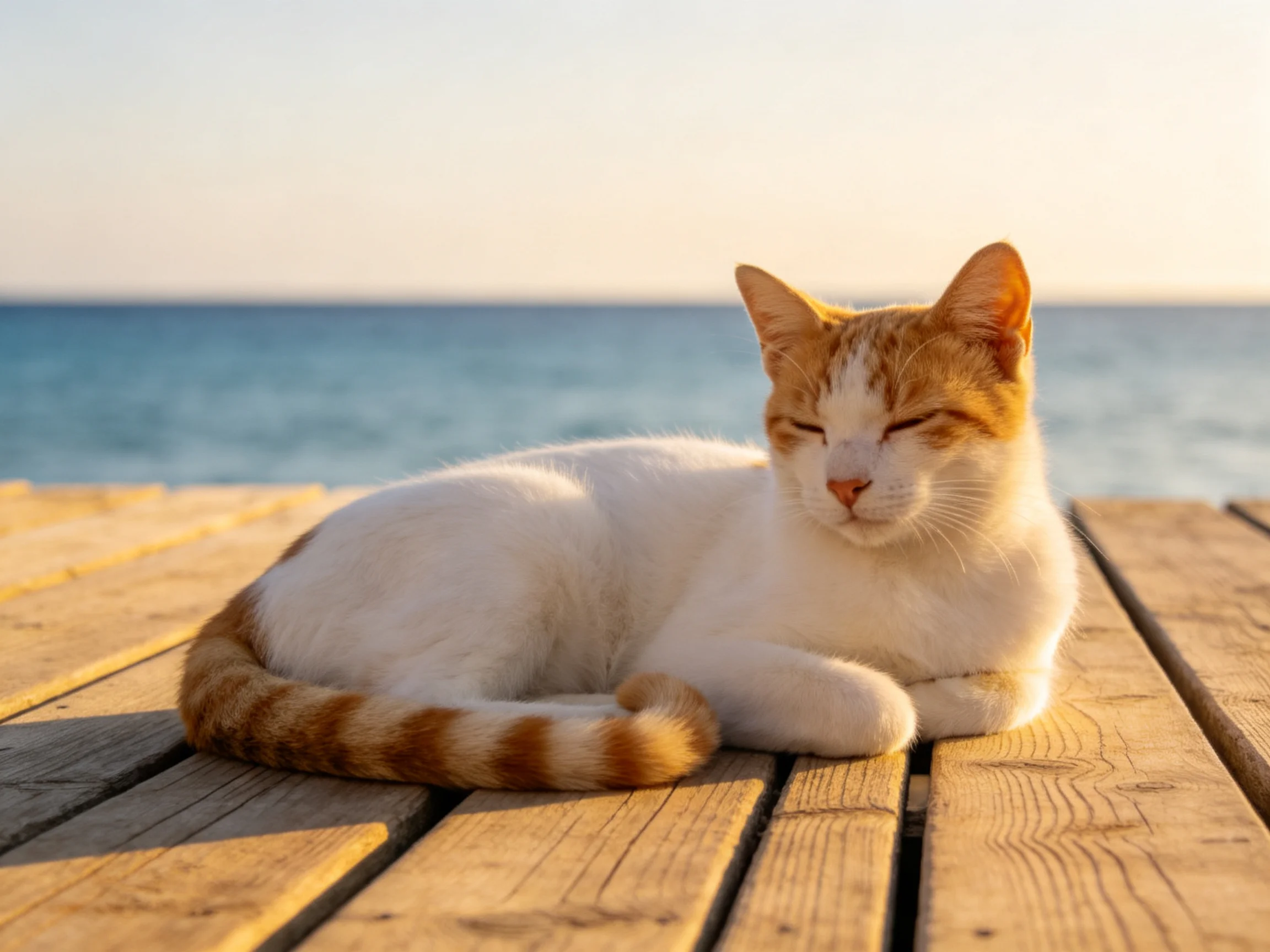 A white and orange cat rests on a wooden dock near the ocean.