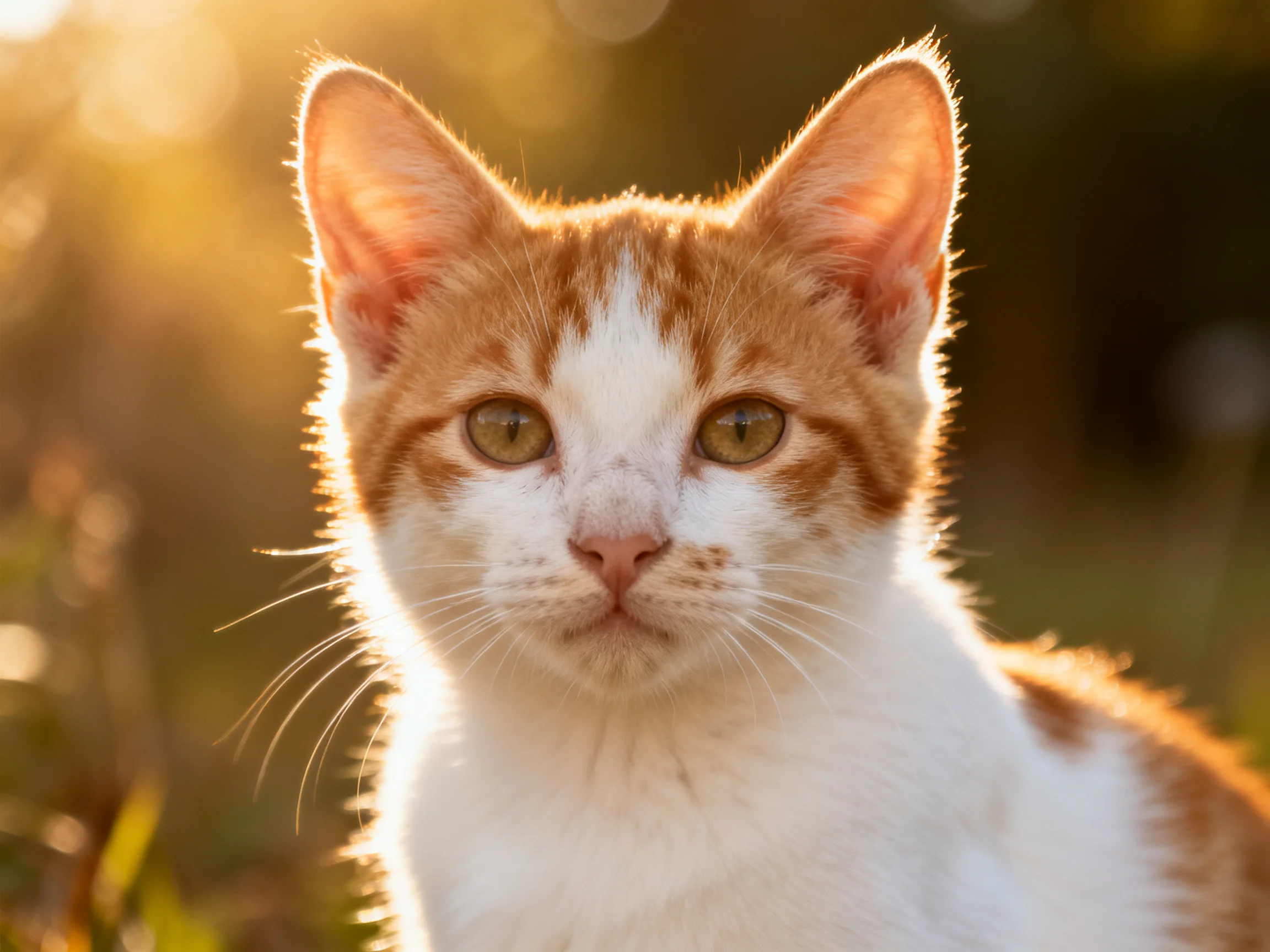 White and orange kitten bathed in golden sunlight outdoors