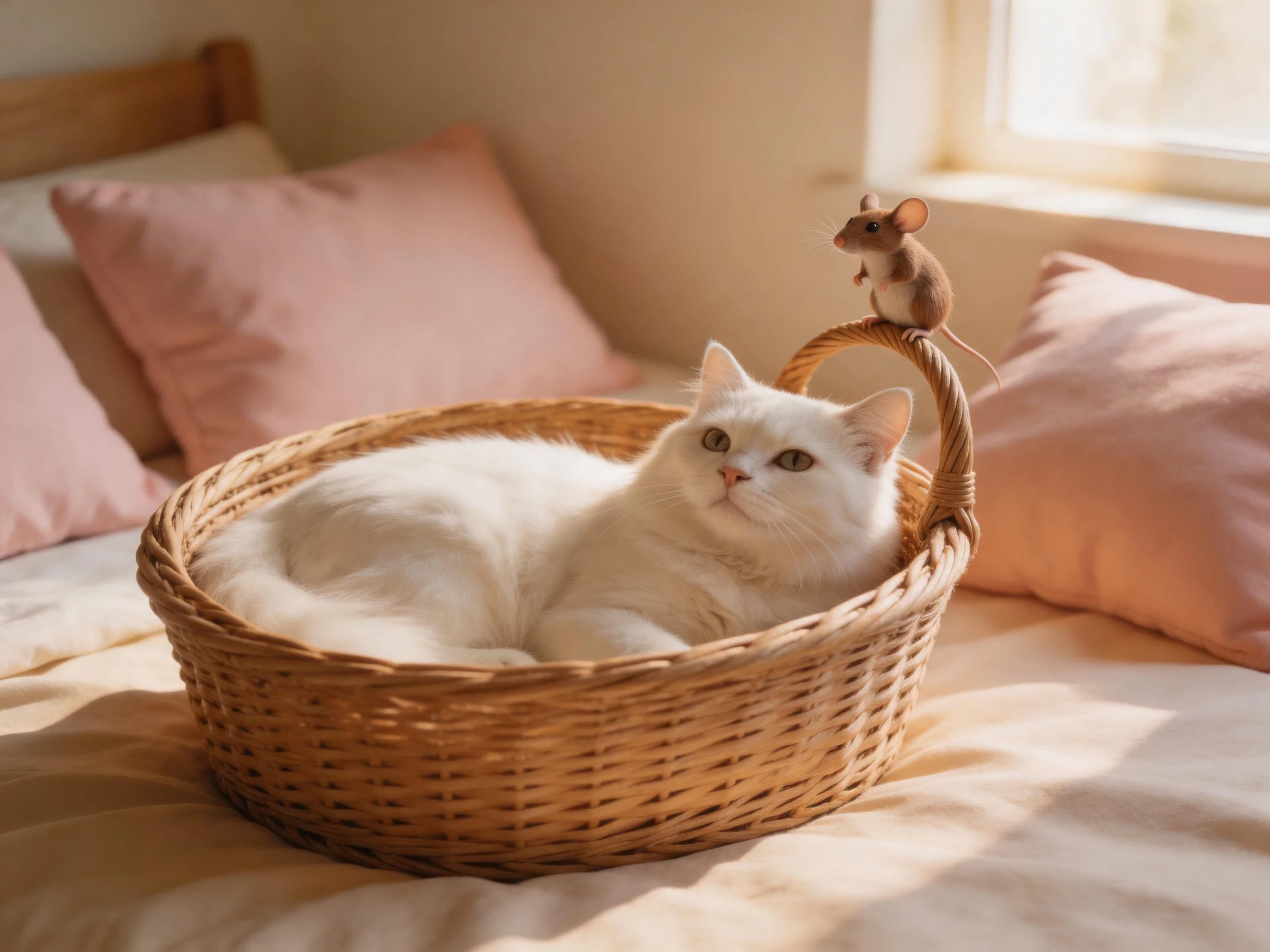 A white cat relaxes in a wicker basket near pink pillows with a brown mouse figurine.