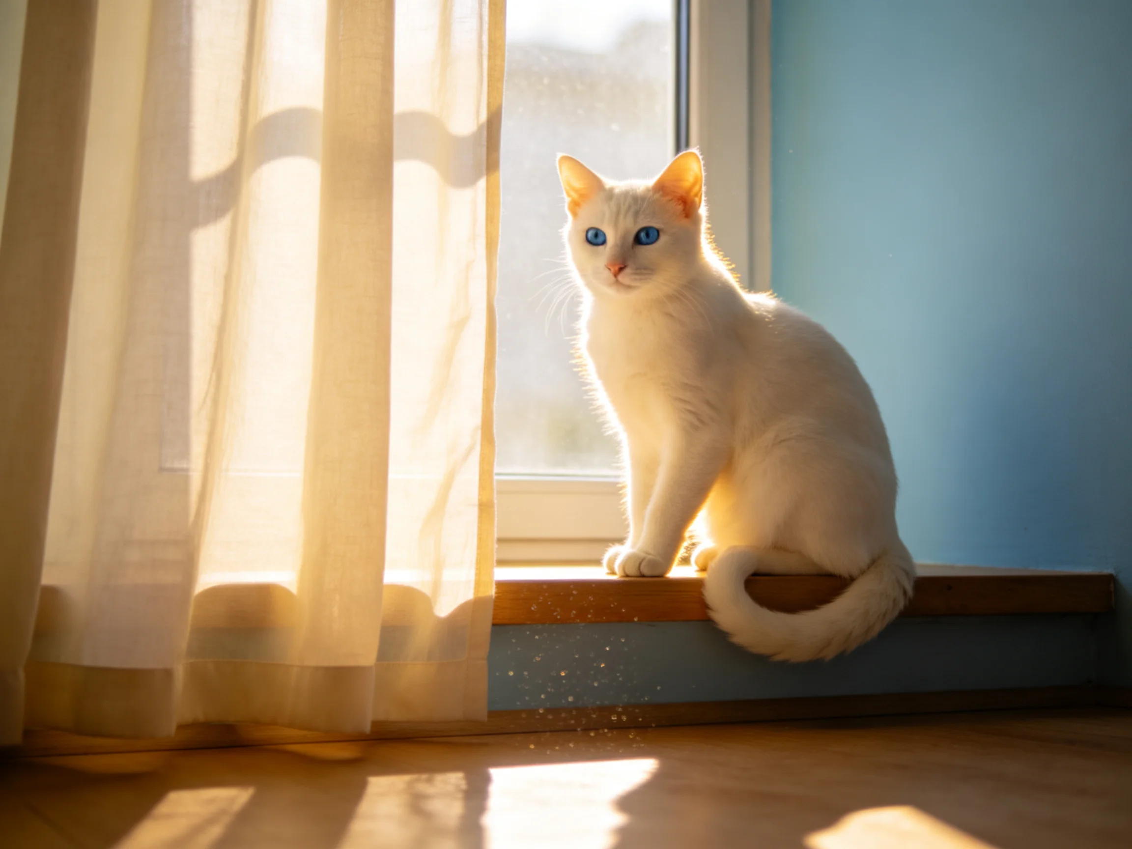 White cat sitting on sunlit windowsill by sheer curtains