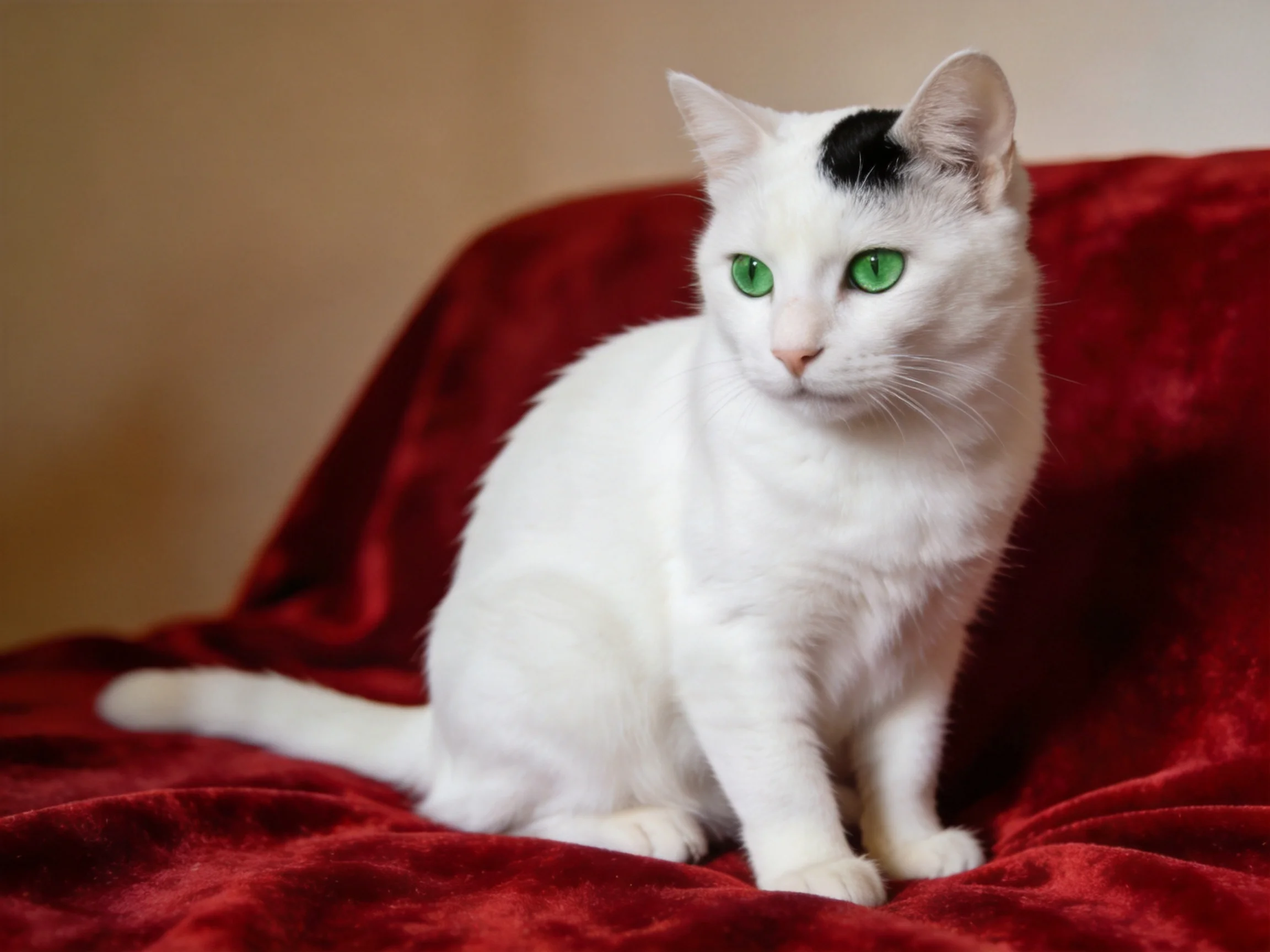 White cat with black spot and green eyes on red velvet fabric