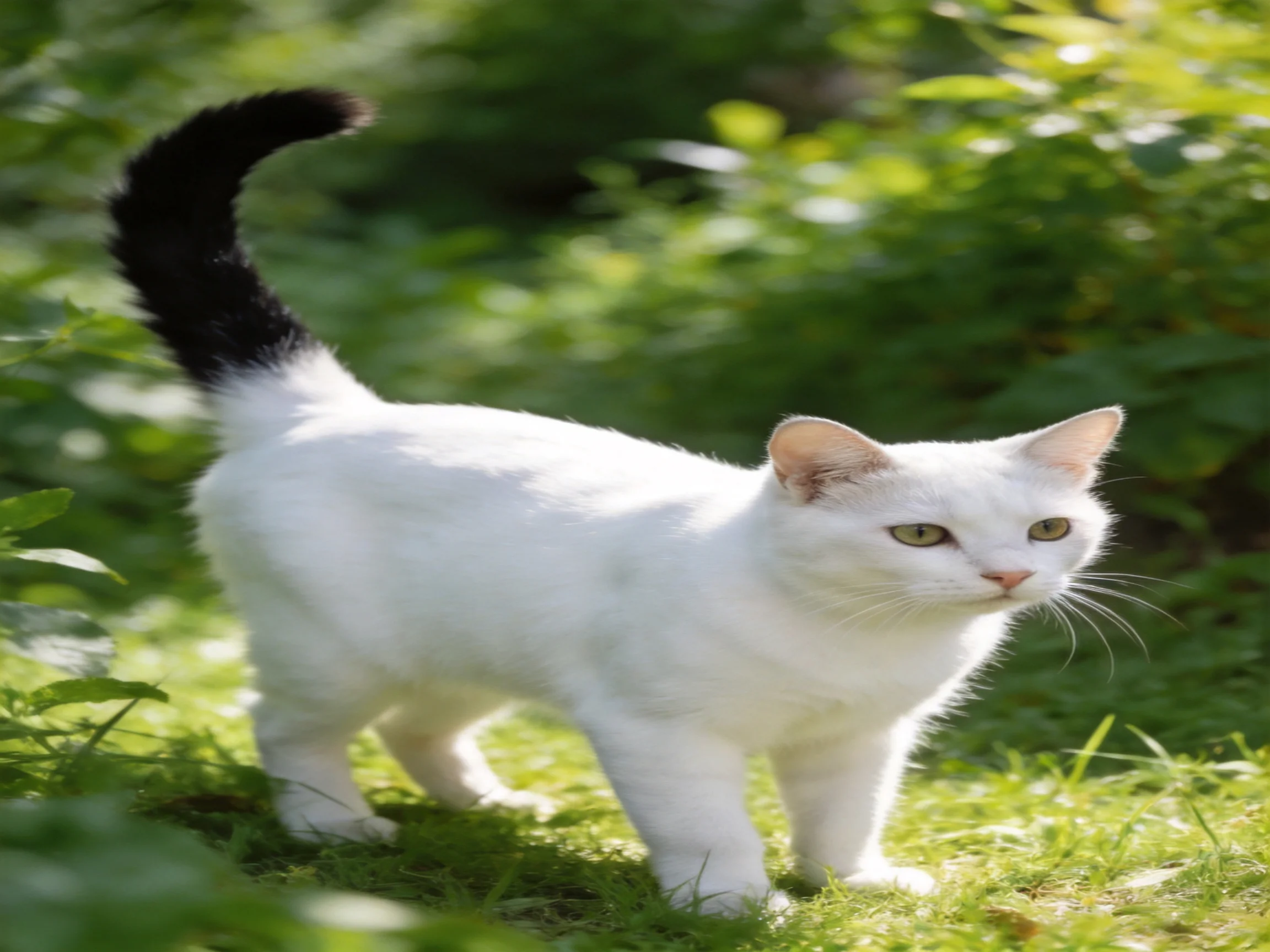 White cat with black tail roams through sunlit greenery