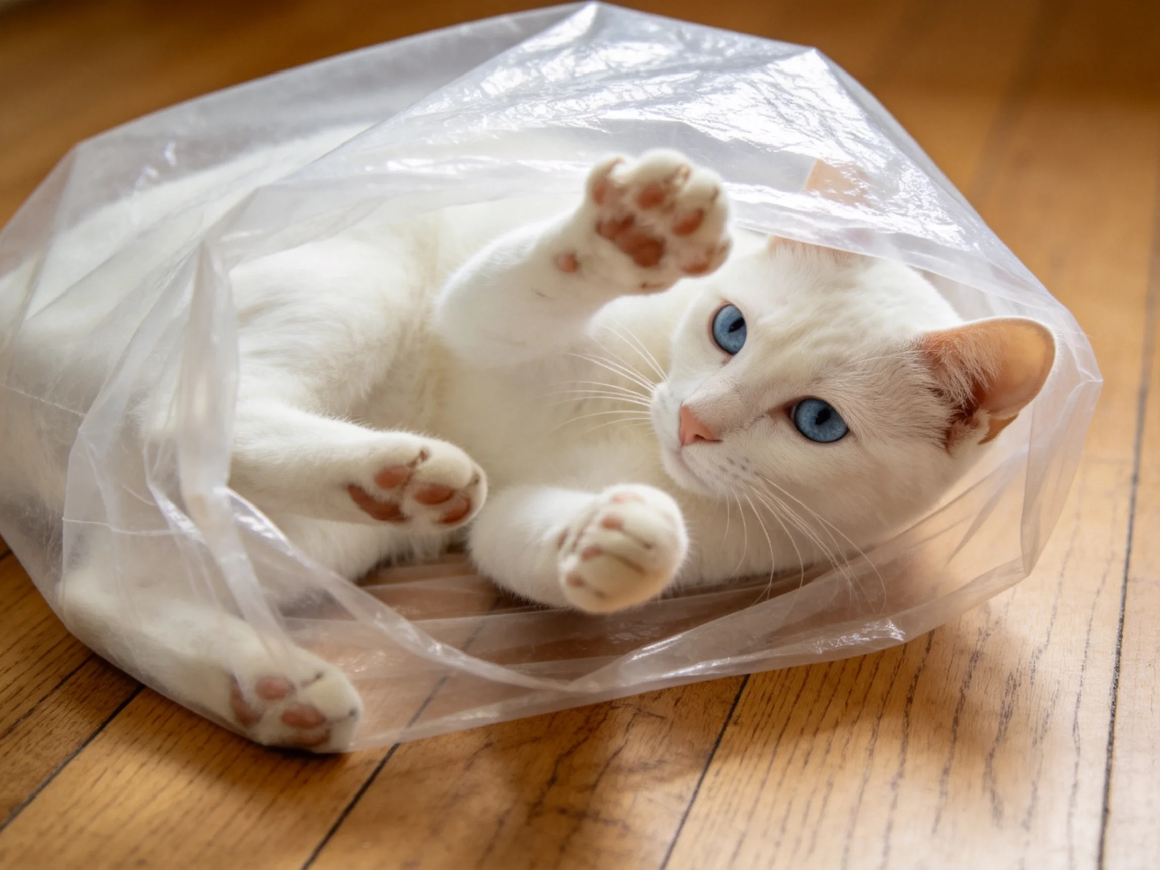 White cat with blue eyes in a clear plastic bag on wooden floor