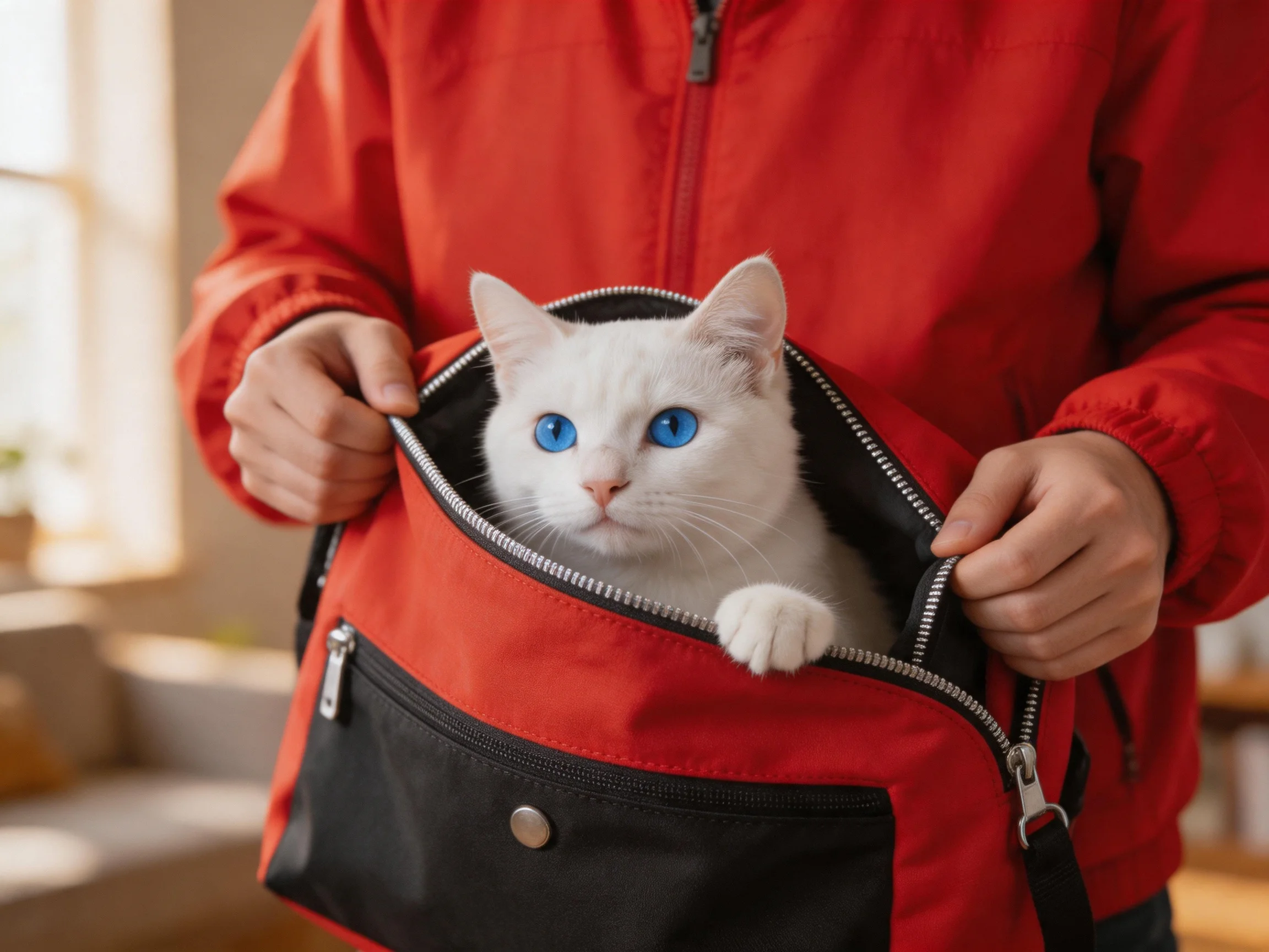 A white cat with blue eyes peeks out of a red and black bag held by someone in a red jacket.