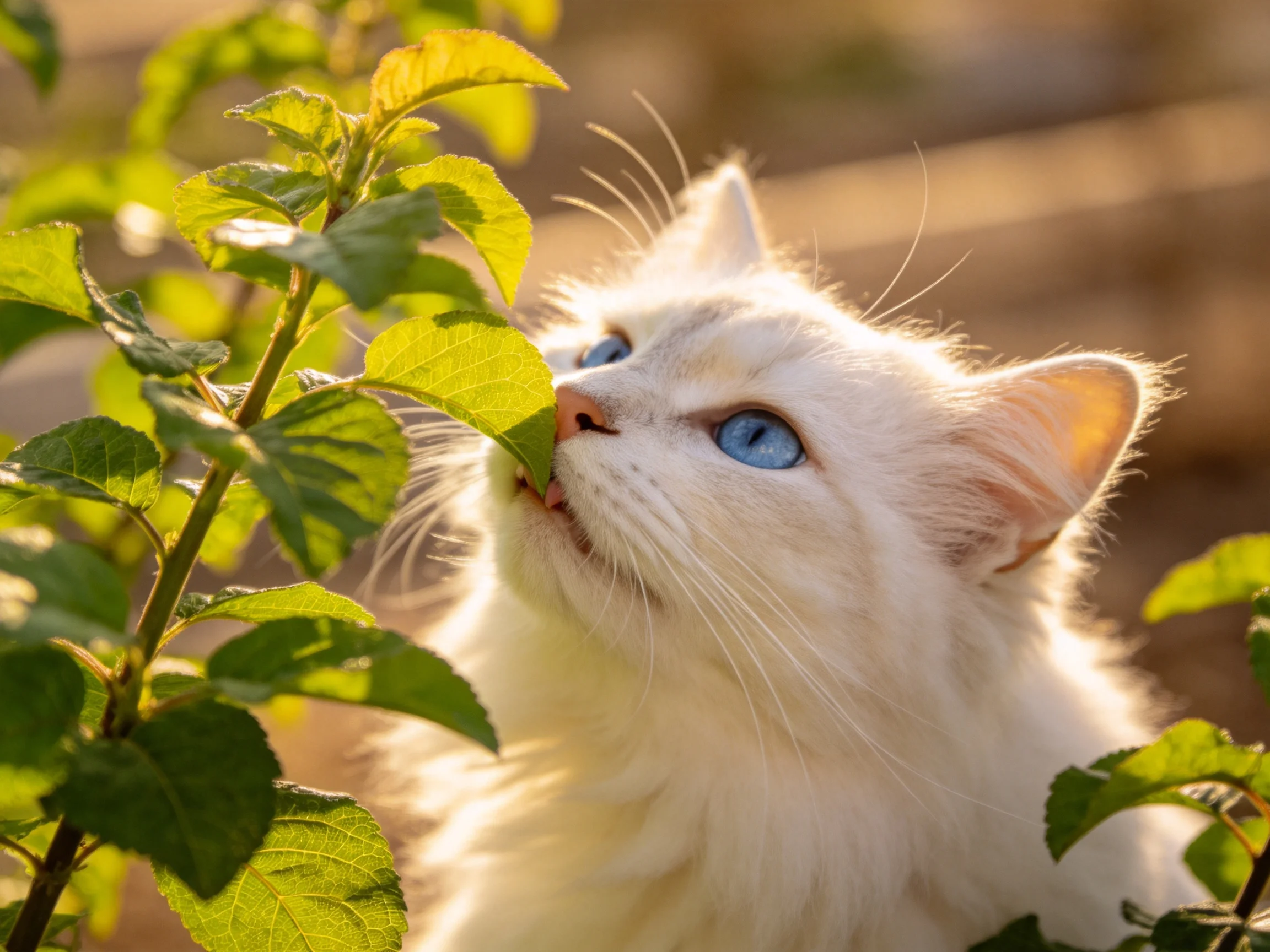 A white cat with blue eyes explores green leaves in a sunlit outdoor space.
