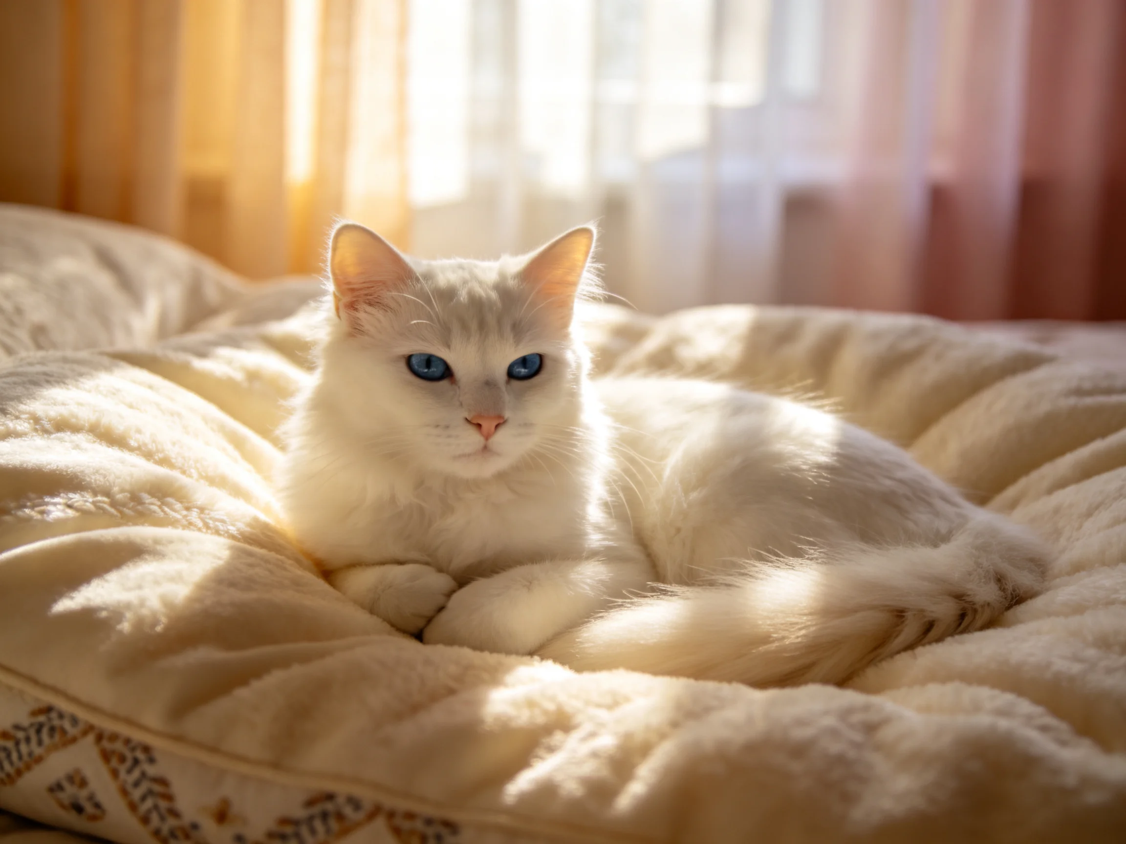 White cat with blue eyes lounges on a plush cushion in sunlight