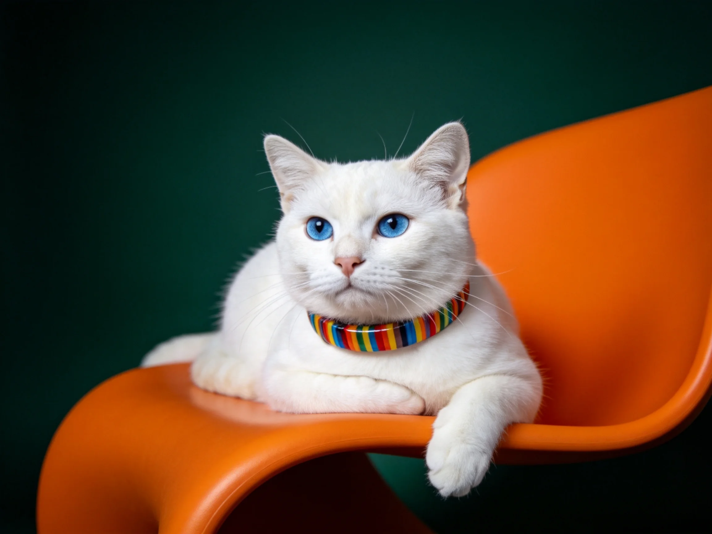 White cat with blue eyes resting on orange chair with colorful collar