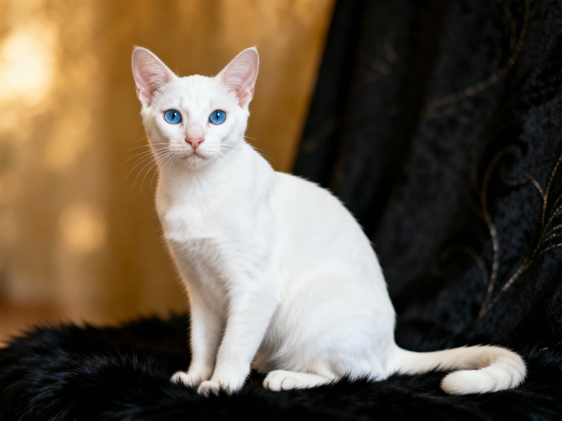 A white cat with blue eyes sits calmly on a black surface.