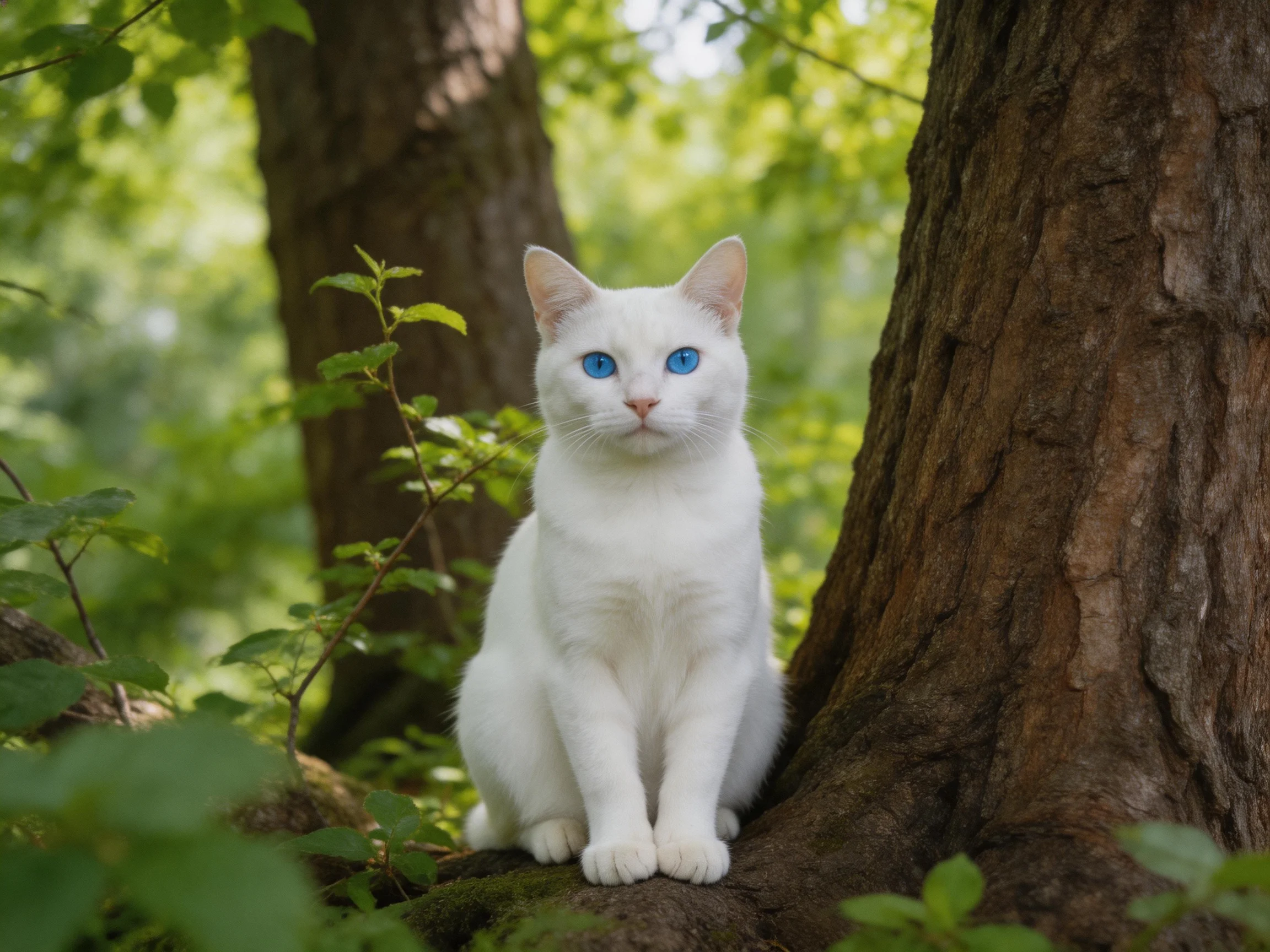 White cat with blue eyes rests near large brown tree trunks in a verdant forest.