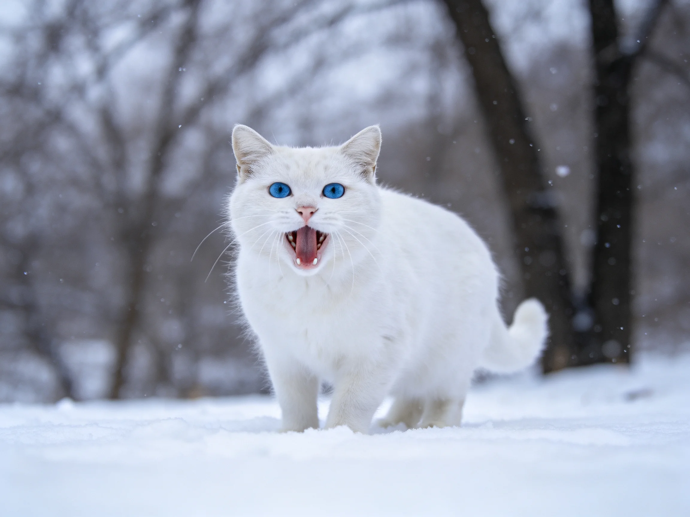 A white cat with blue eyes stands in a snowy wooded area.