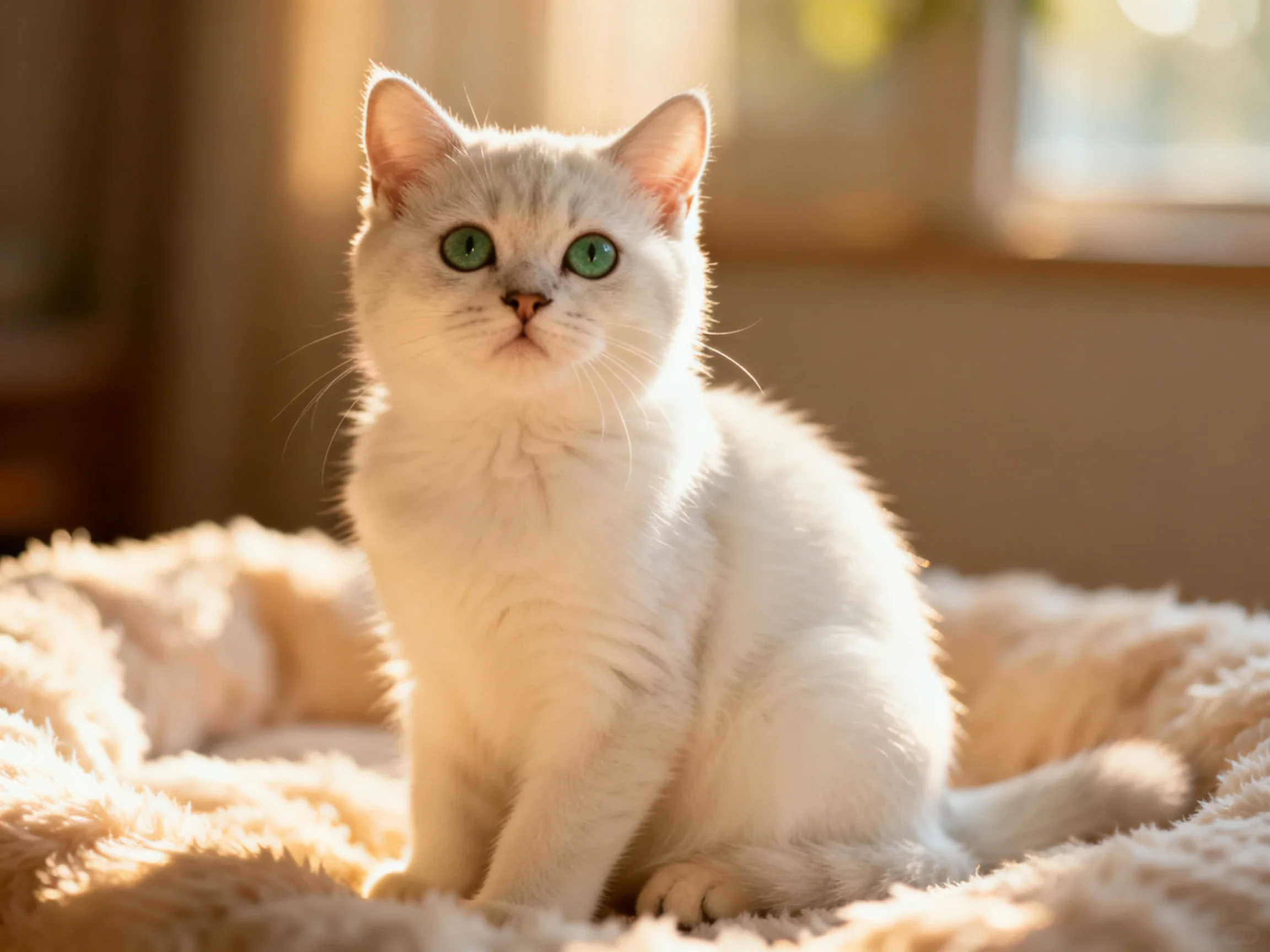White cat with green eyes sits on a soft bed in a sunlit room.