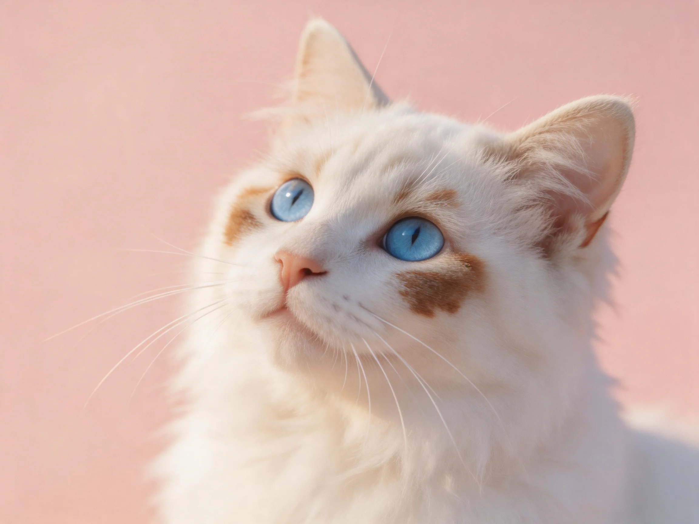 White cat with brown patches, bright blue eyes, pink background